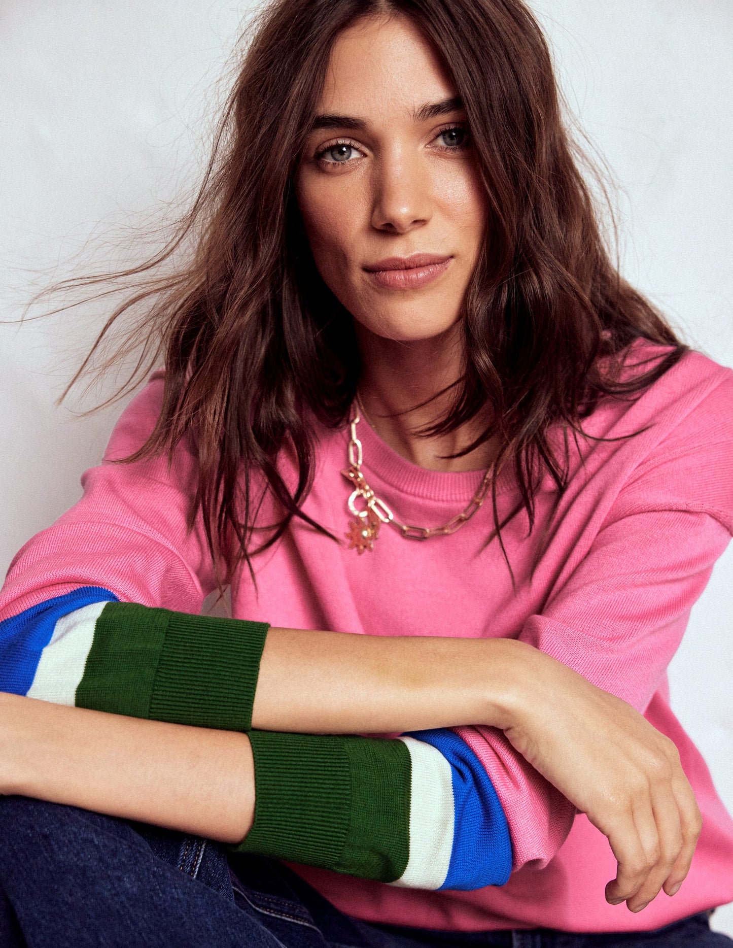 Lara Lockerer Baumwollpullover-Rosa Limonade, Gestreifte Manschetten