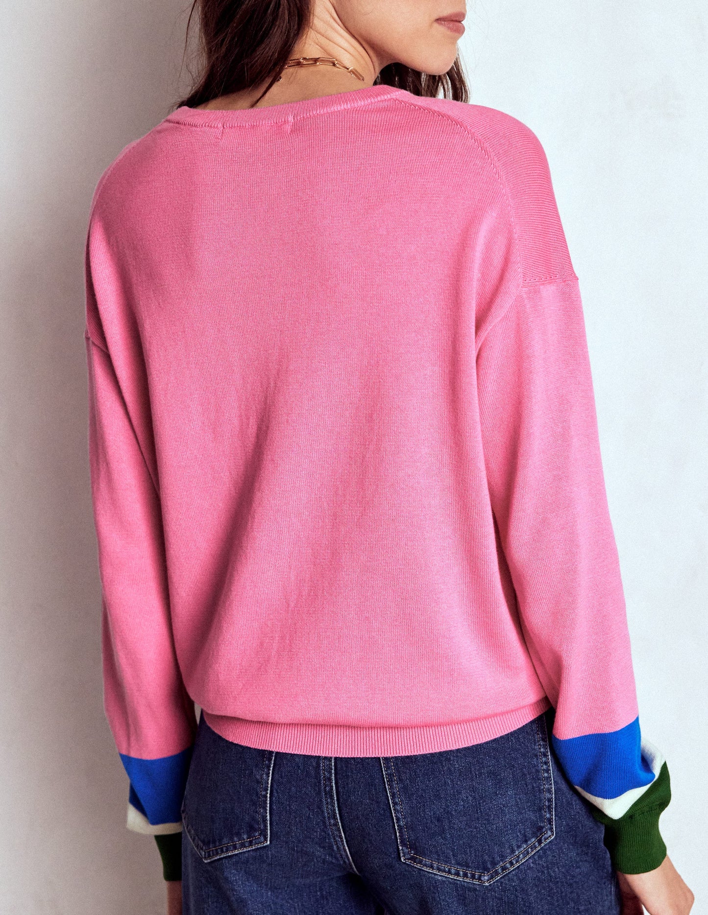 Lara Lockerer Baumwollpullover-Rosa Limonade, Gestreifte Manschetten