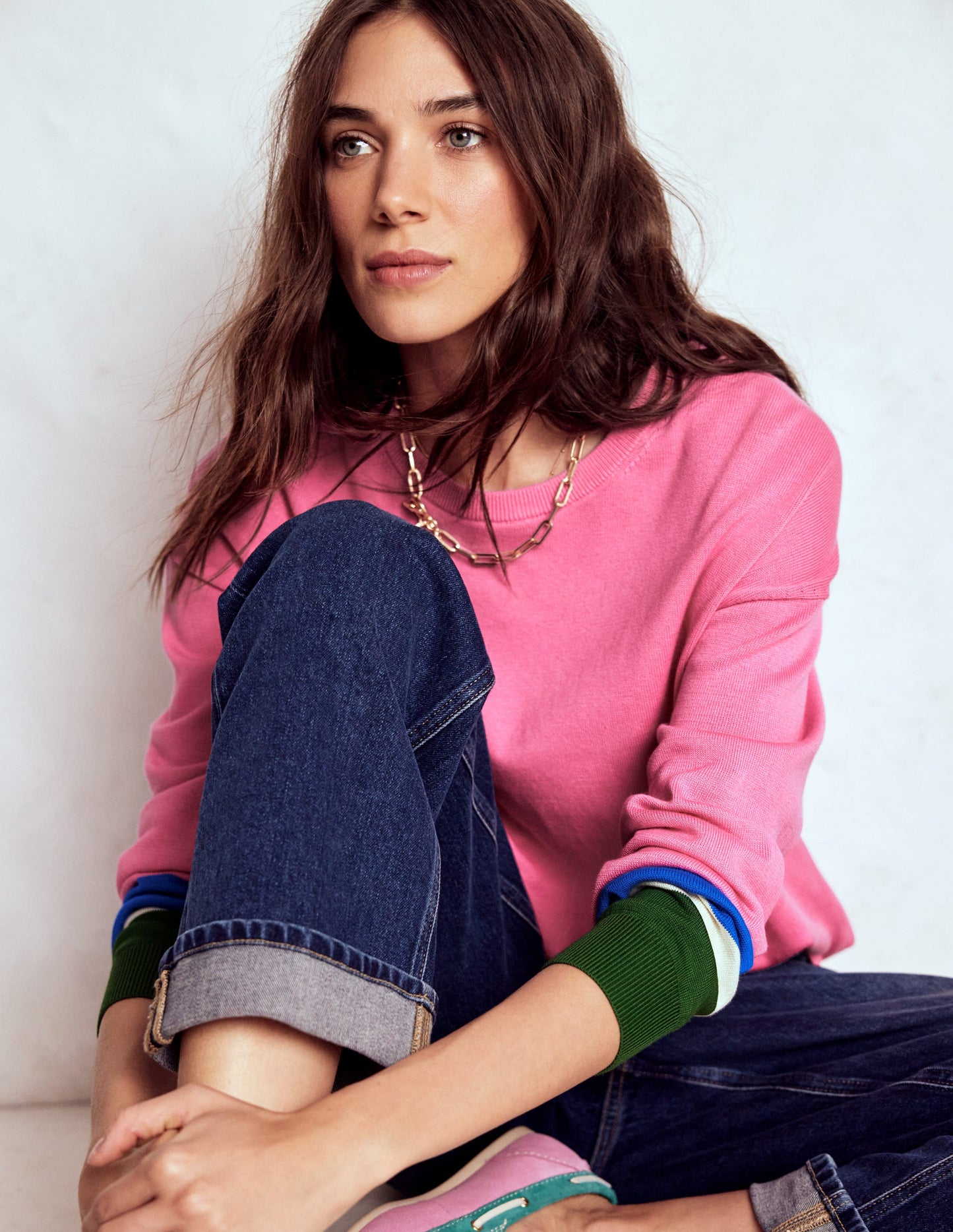 Lara Lockerer Baumwollpullover-Rosa Limonade, Gestreifte Manschetten