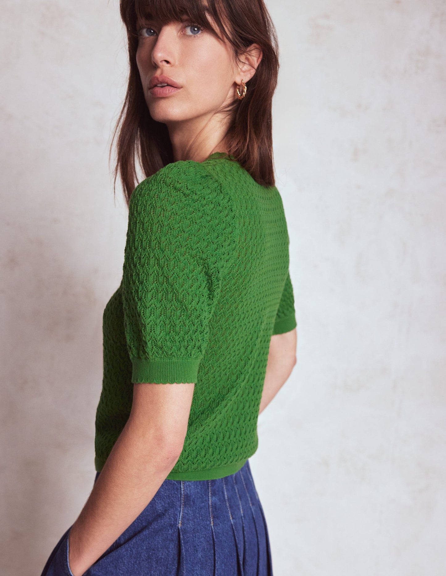 Gepunktete Pointelle-Strickjacke-Leguangrün