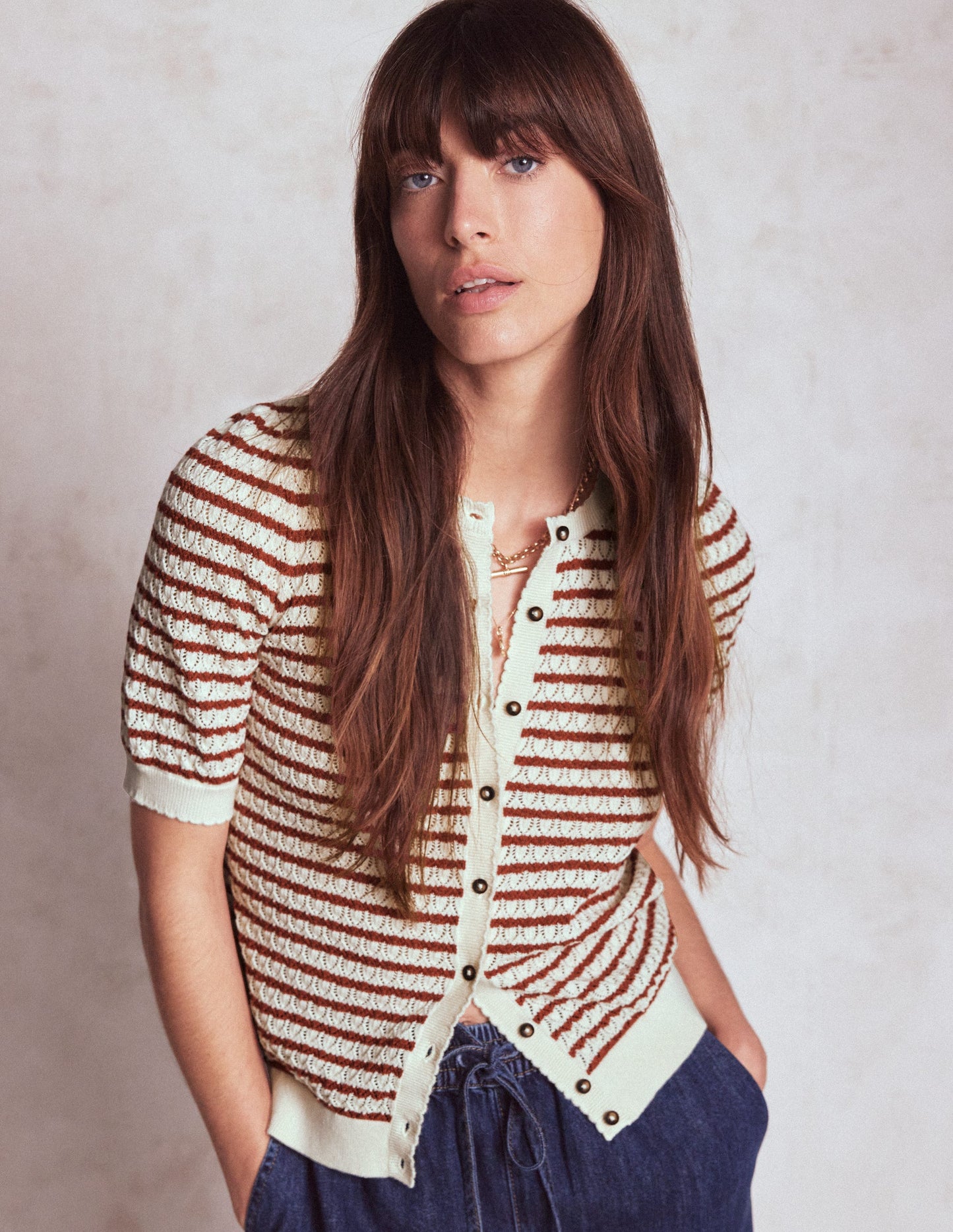 Dot Pointelle Cardigan-Warm Ivory/ Red