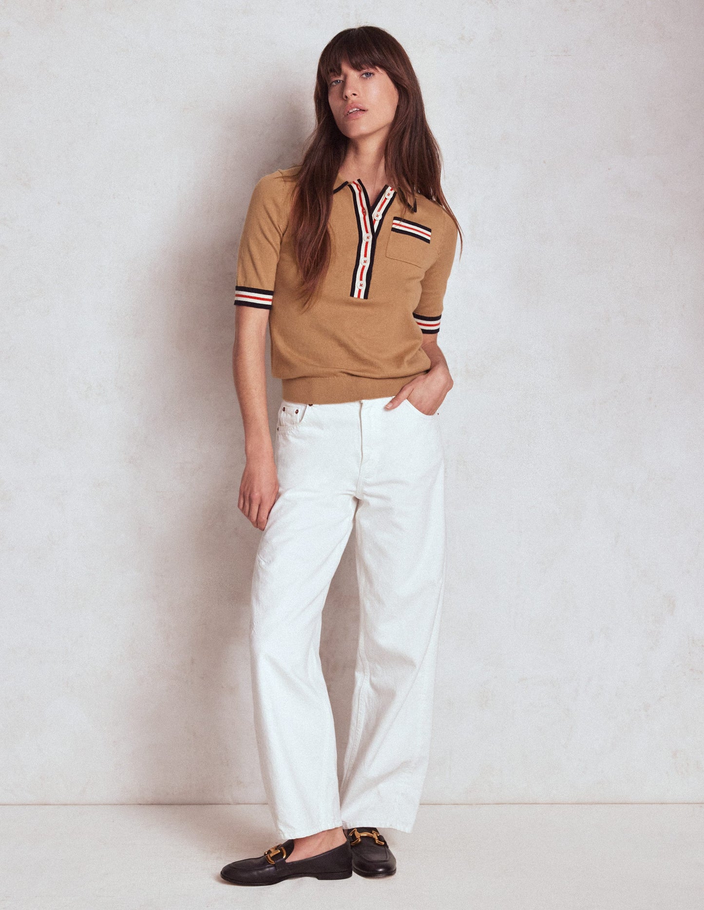 Henley-T-Shirt aus Baumwolle-Camel Meliert