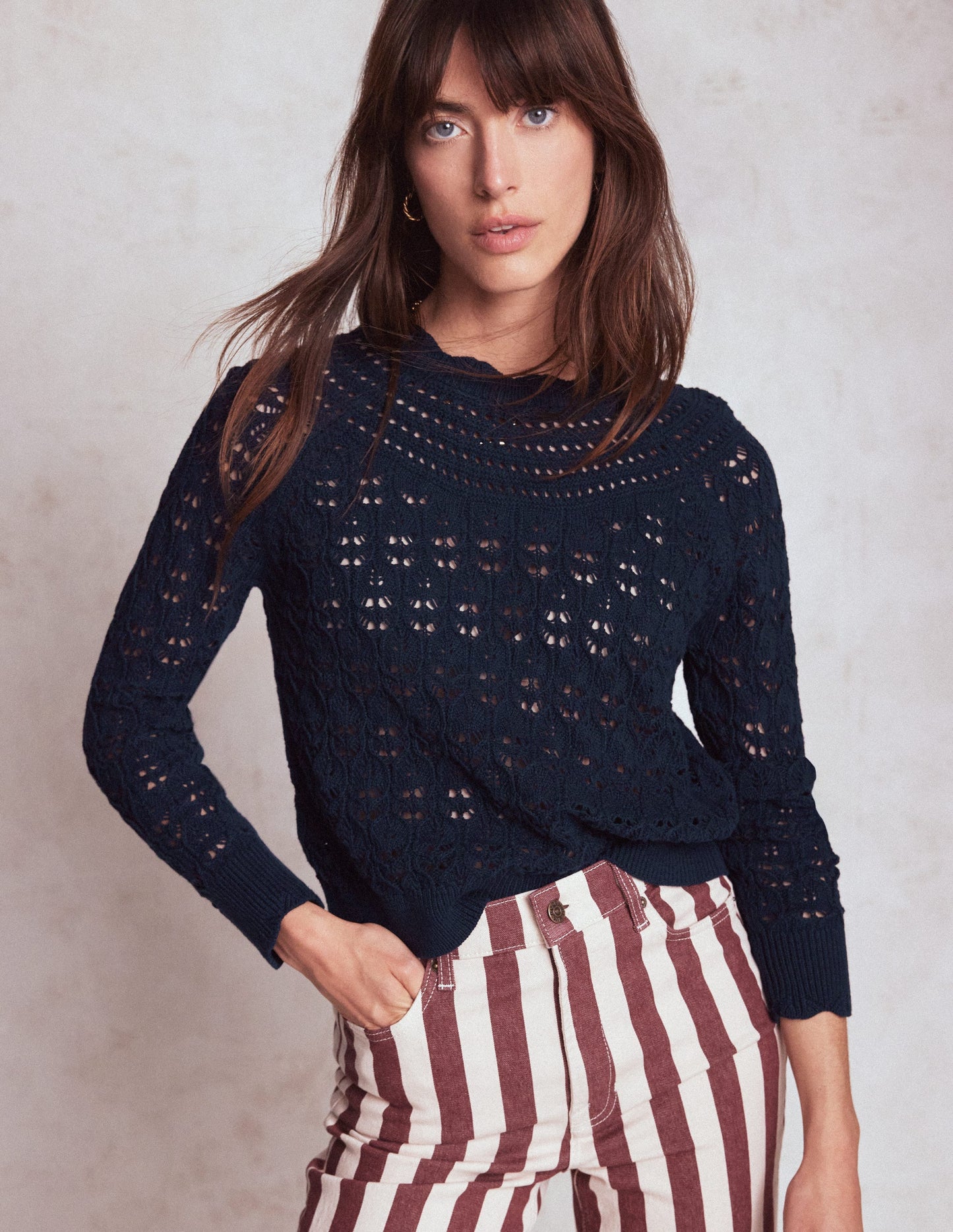 Pullover mit Häkel-Muster-Mix-Marineblau
