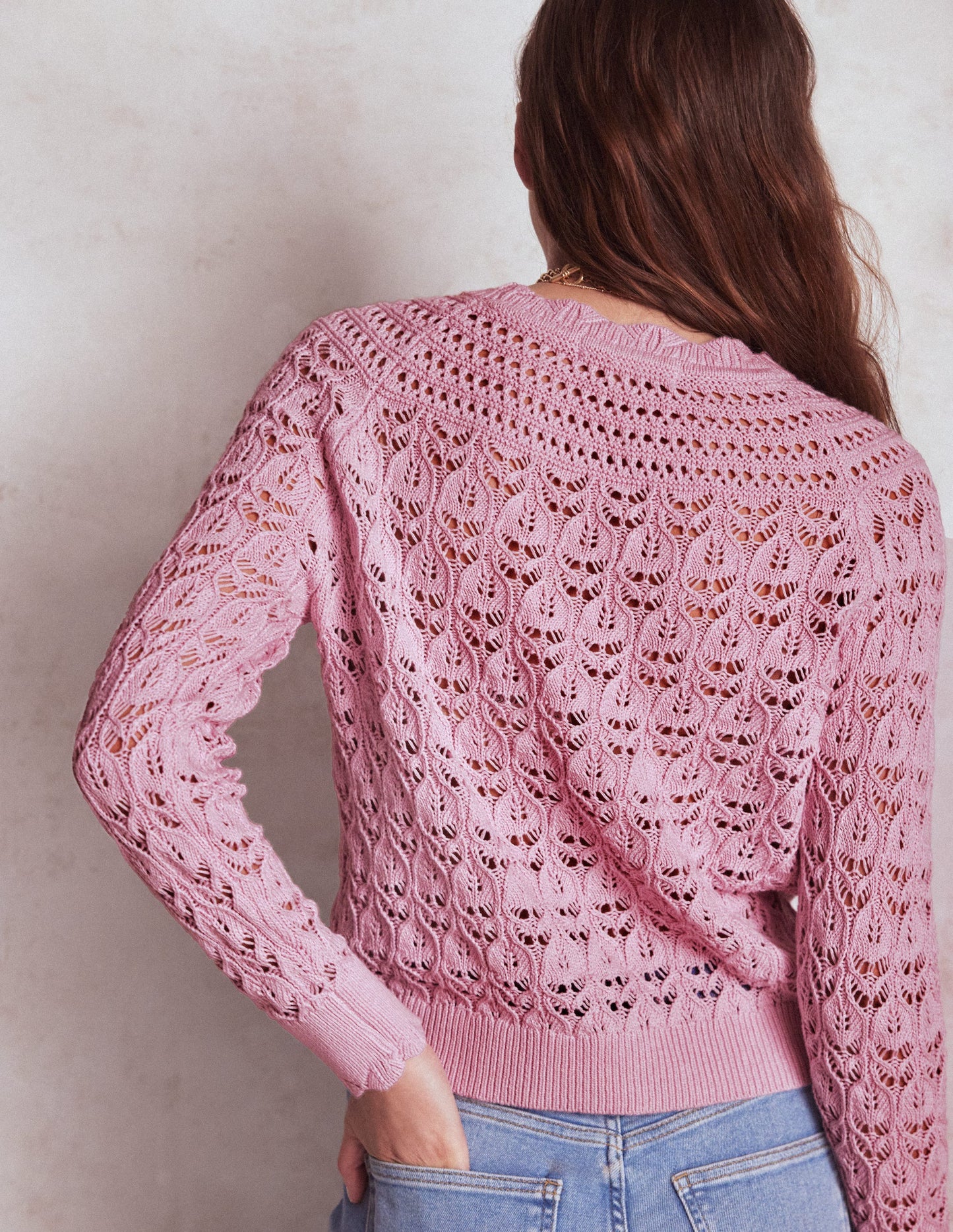Pullover mit Häkel-Muster-Mix-Kirschblütenrosa