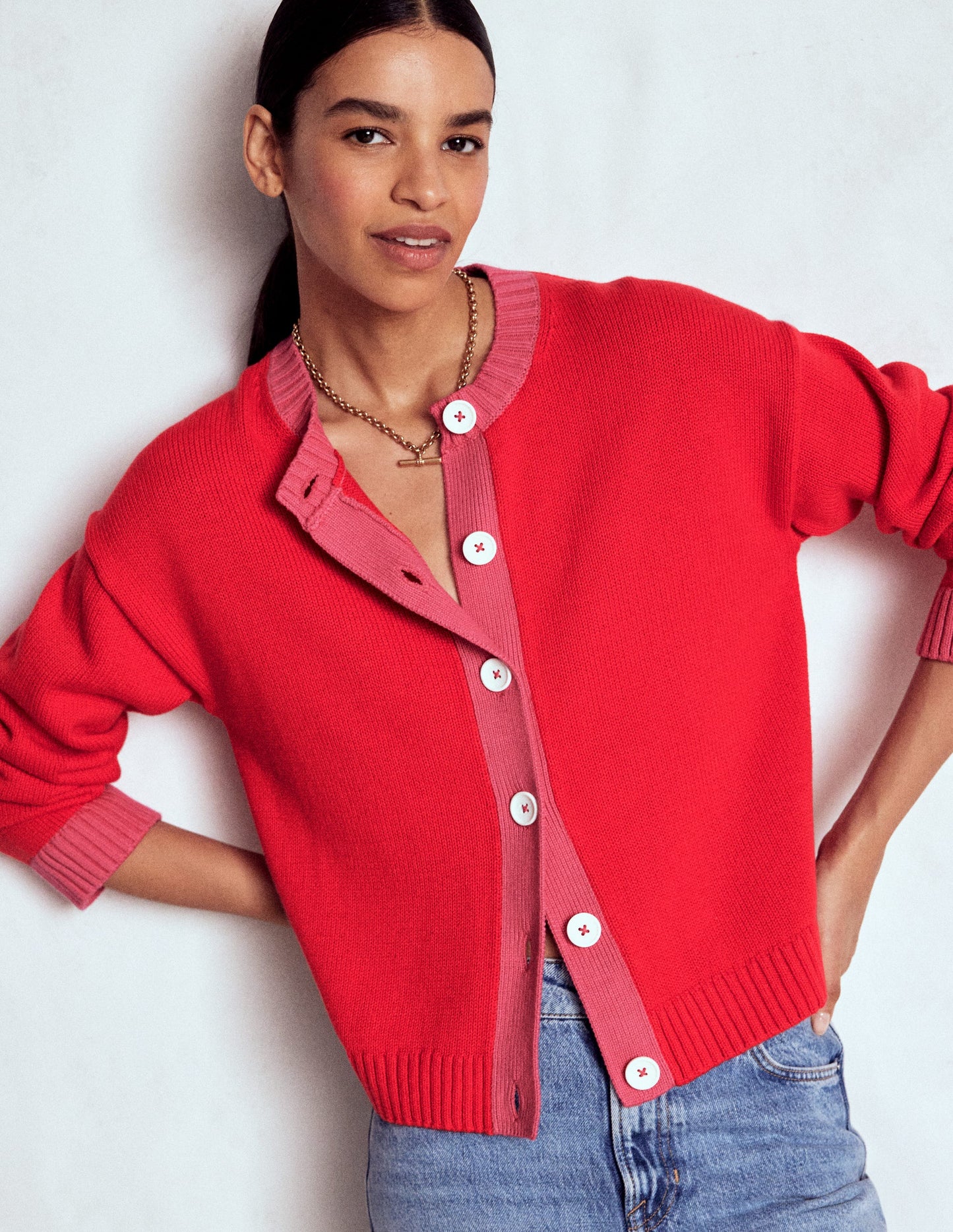 Jemma Breite Baumwollstrickjacke-Mohnblumenrot