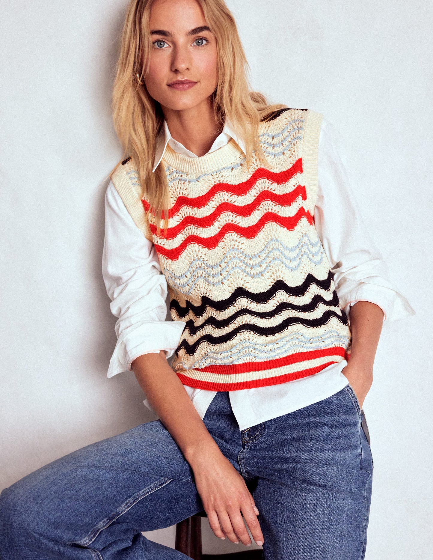 Baumwollpullunder mit Wellendesign-Marineblau/Rot Texturierte Welle