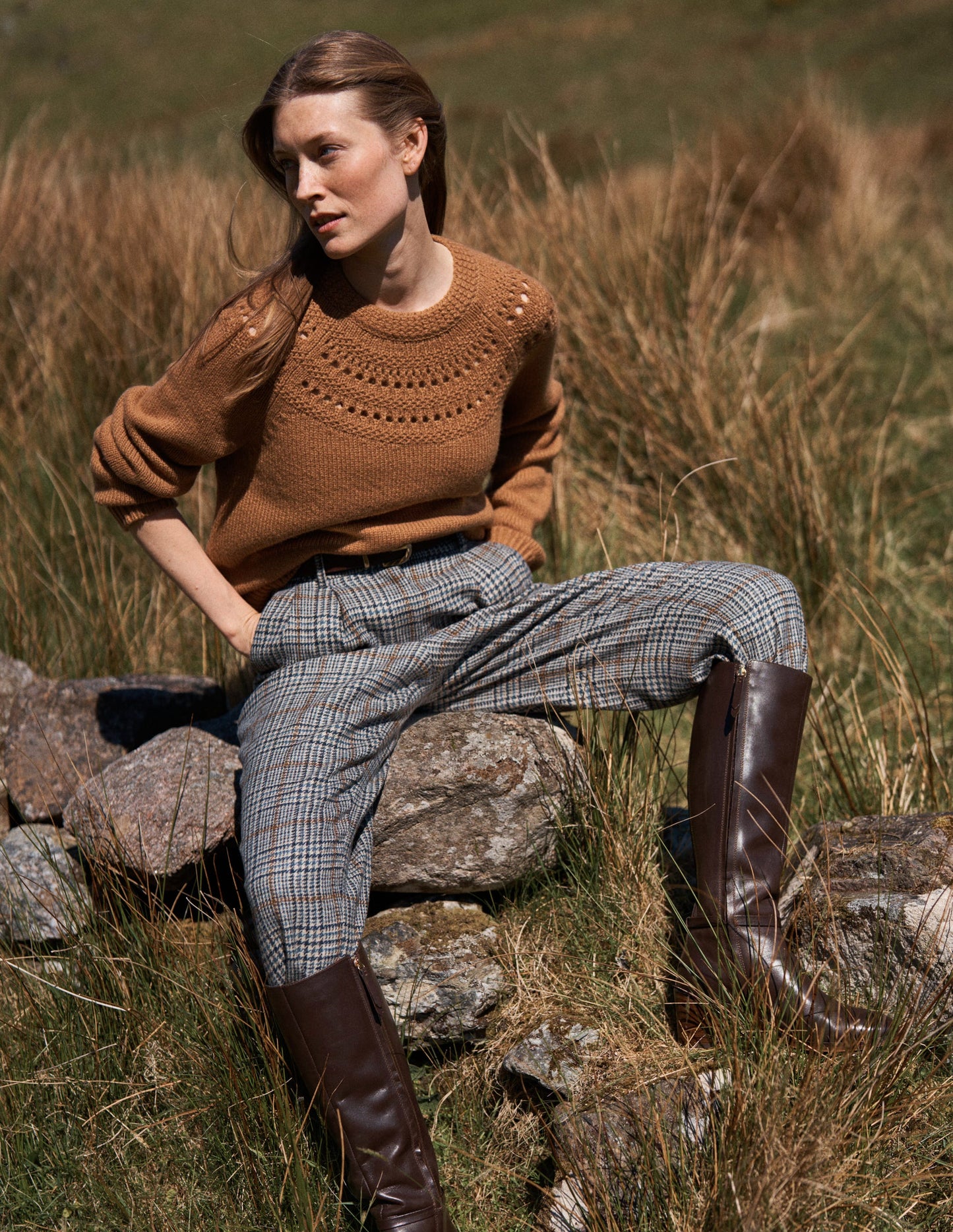Flauschiger Grobstrickpullover-Camel Meliert