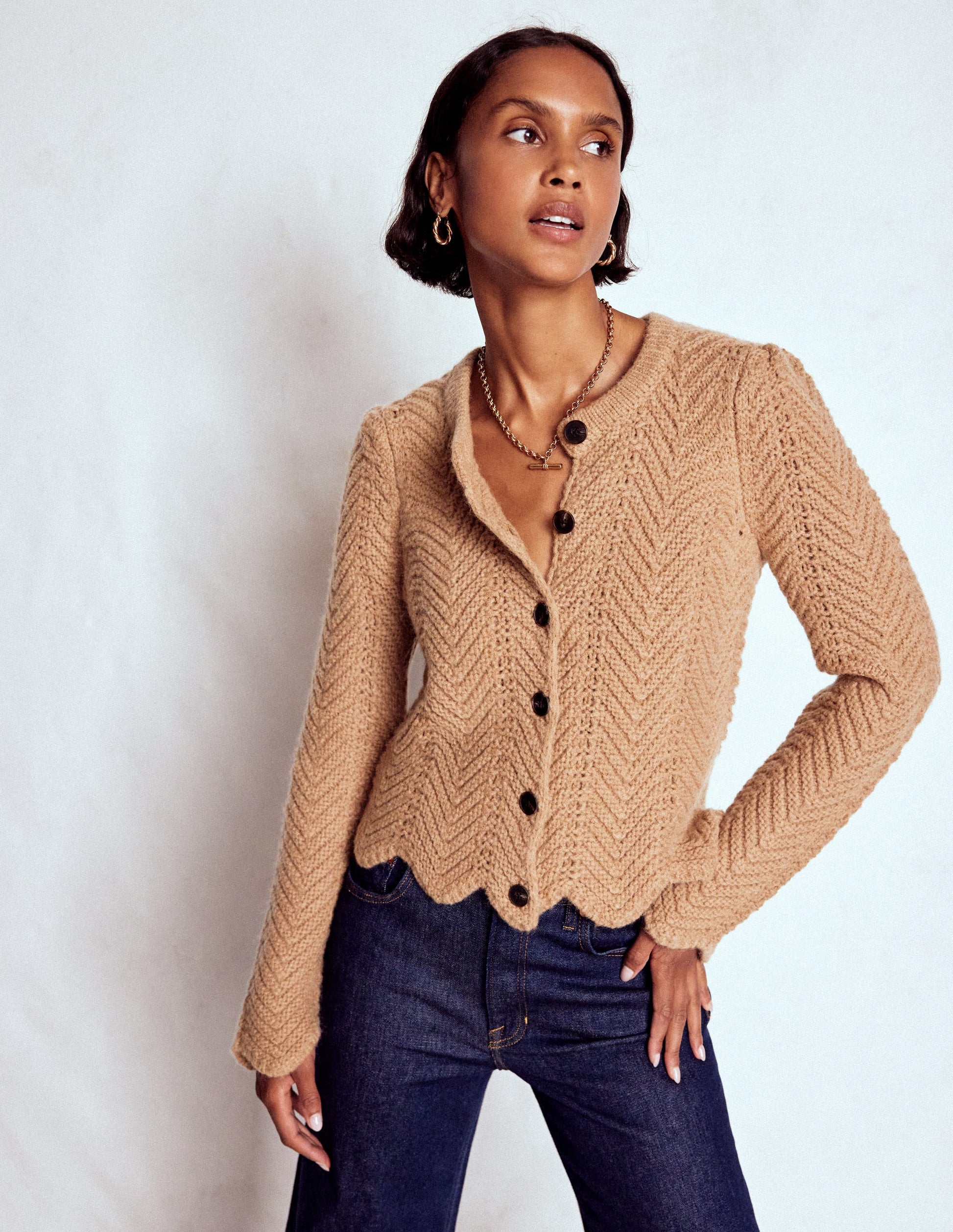 Grobstrickjacke mit Chevronmuster-Kamelbraun-5