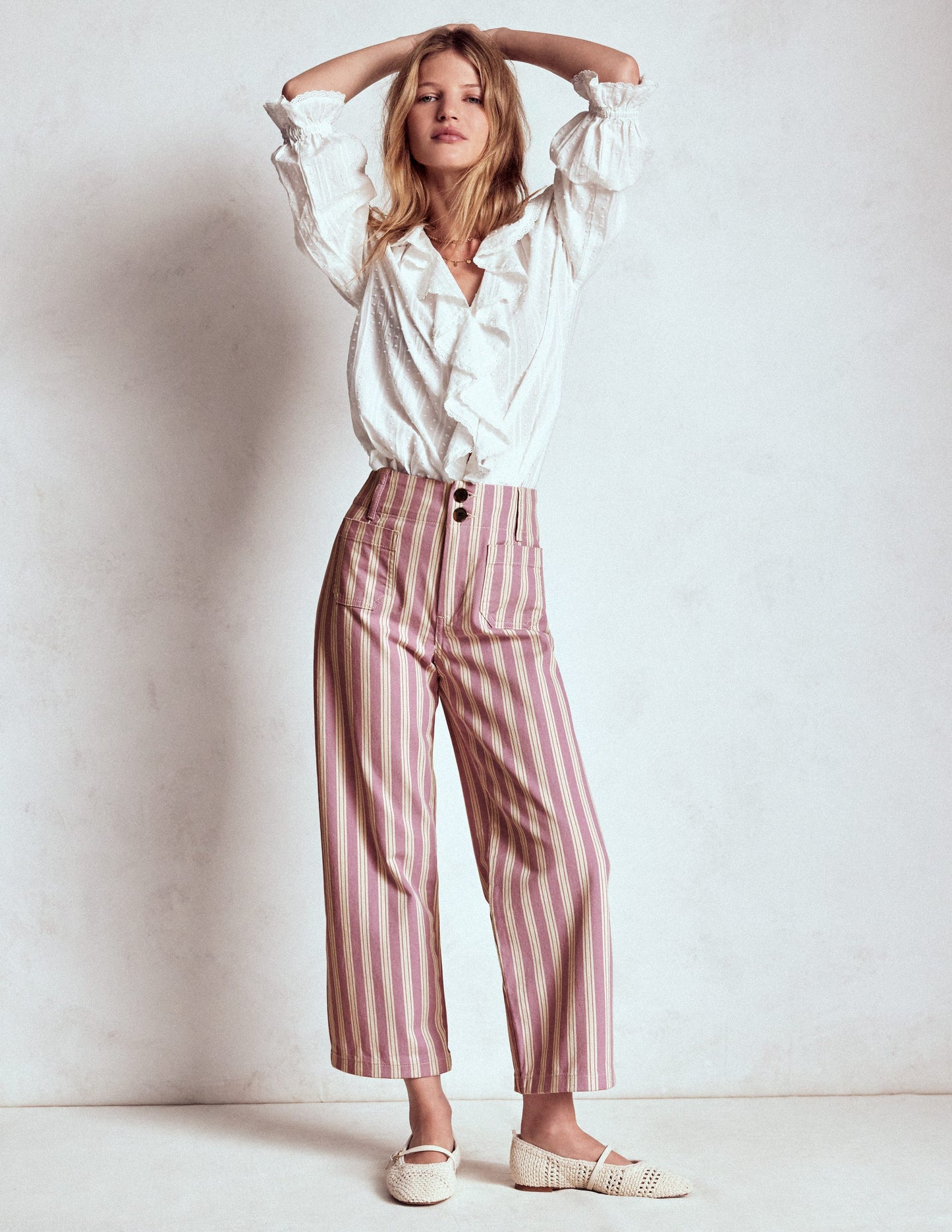 Primrose Hose mit aufgesetzten Taschen-Flieder Tram-Streifen