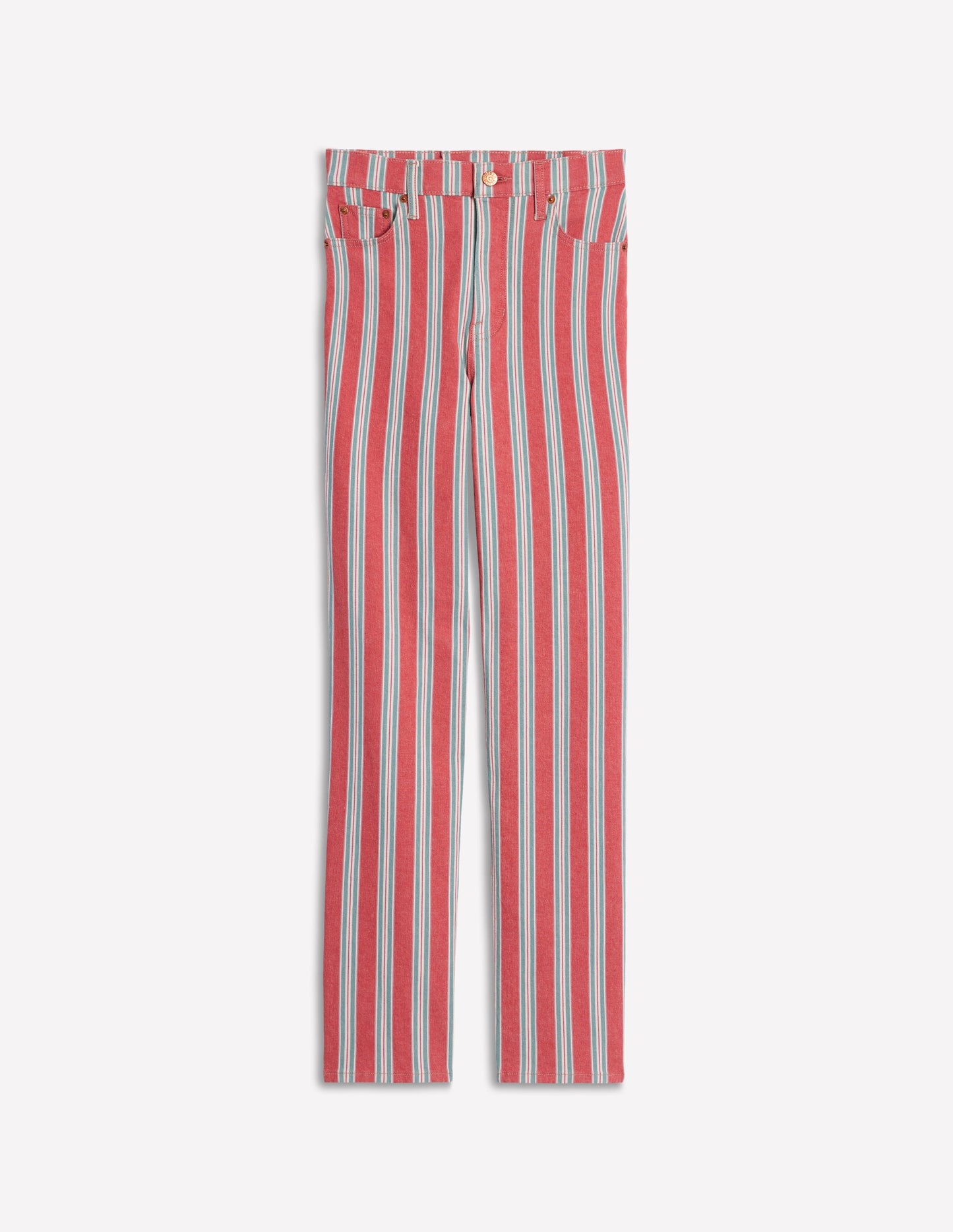 Gestreifte Jeans mit hohem Bund-Rot, Blau und Rosa Streifen
