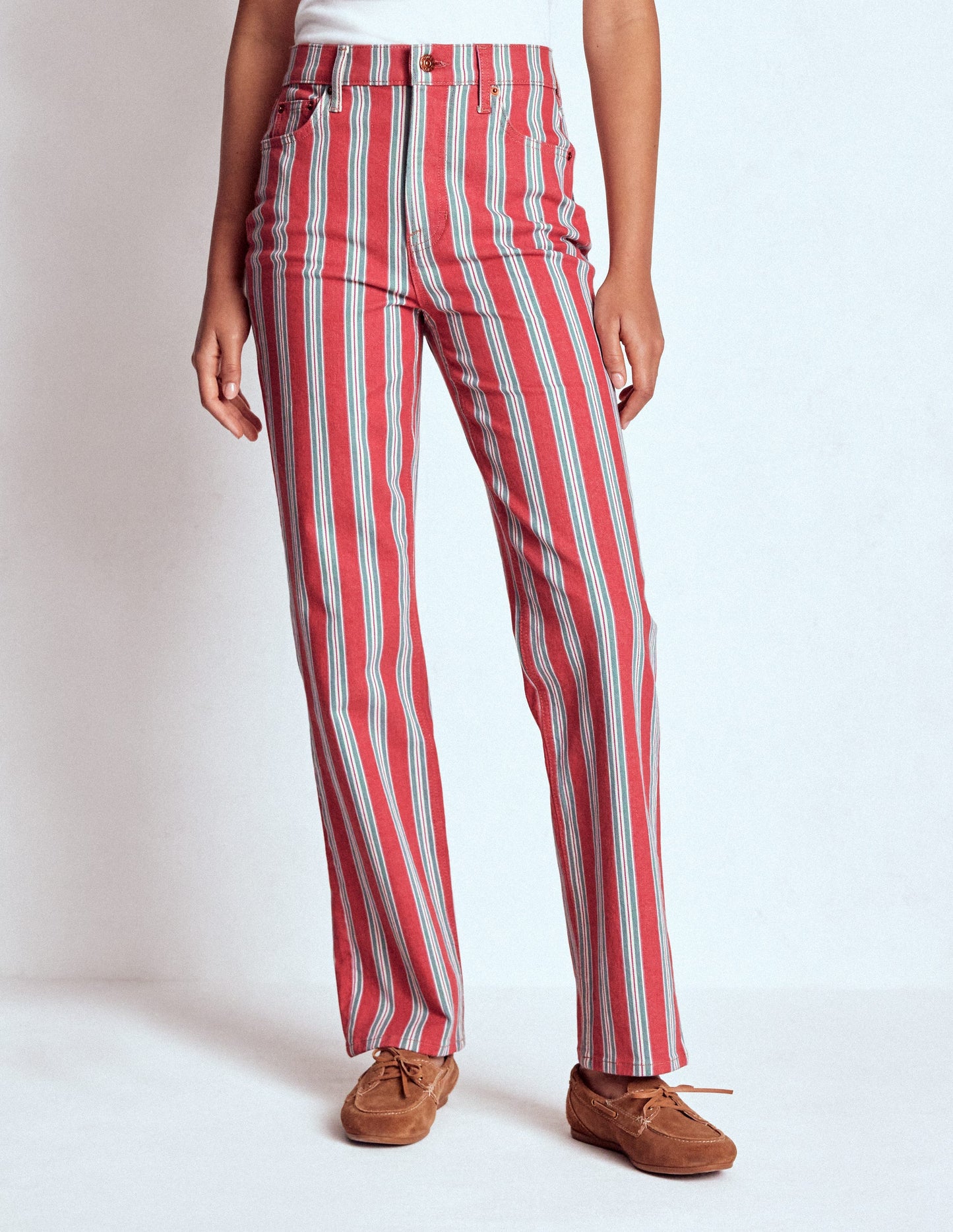 Gestreifte Jeans mit hohem Bund-Rot, Blau und Rosa Streifen