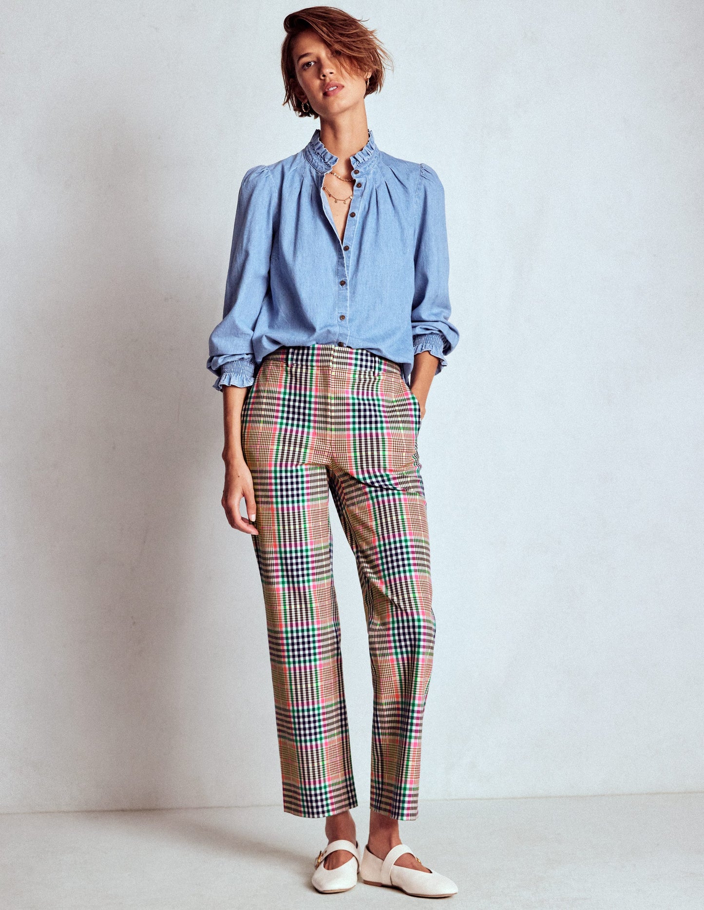 Canonbury Taillierte Hose-Braun, Zuckerwattenrosa und Marineblau Kariert