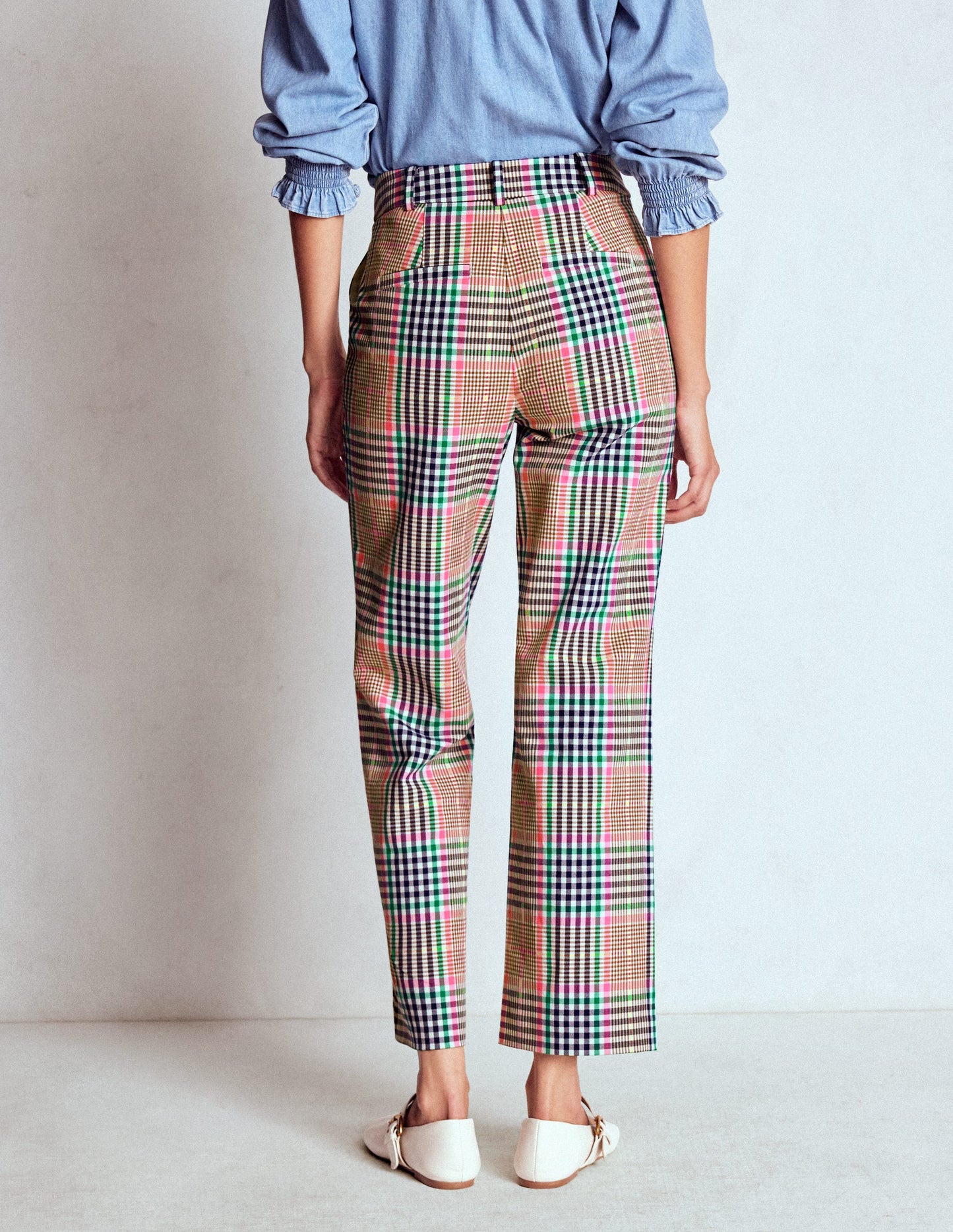 Canonbury Taillierte Hose-Braun, Zuckerwattenrosa und Marineblau Kariert