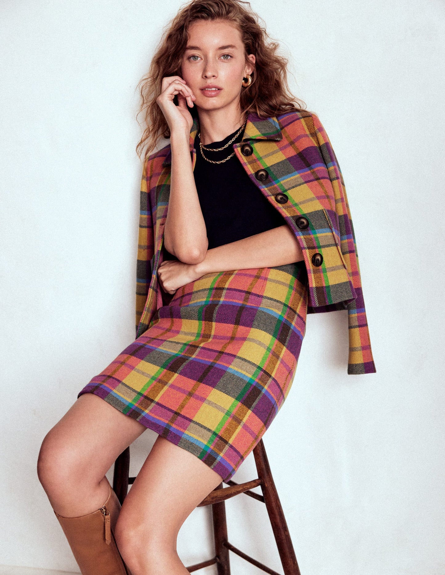 Jupe Gia en laine-Carreaux jaune, rose et vert