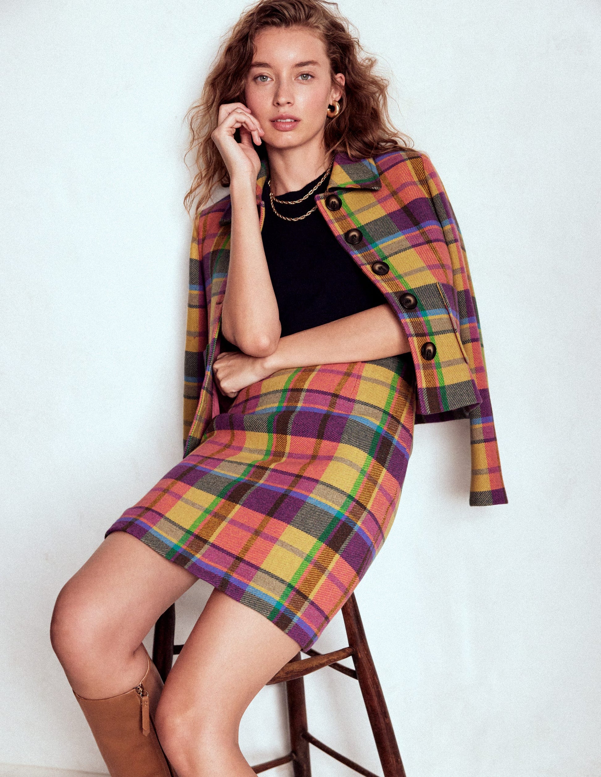 Jupe Gia en laine-Carreaux jaune, rose et vert-6