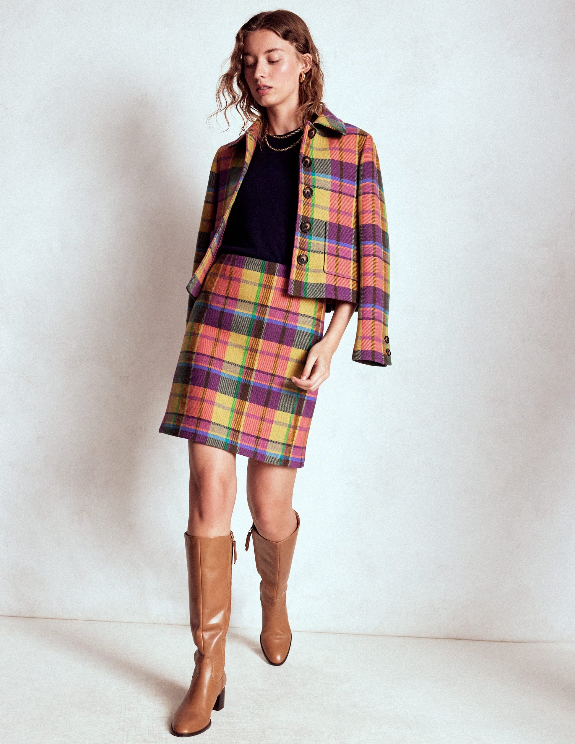 Jupe Gia en laine-Carreaux jaune, rose et vert-4