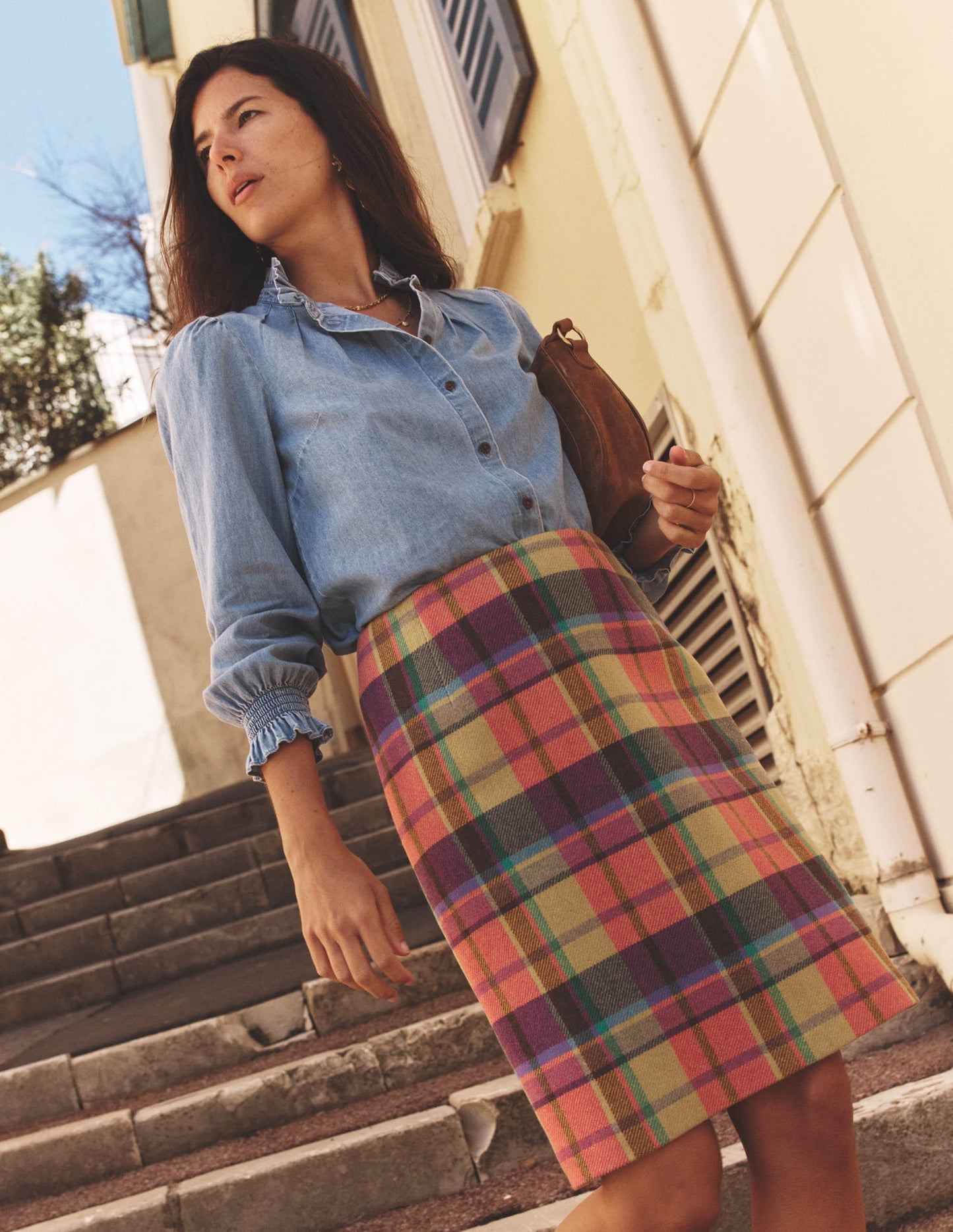 Jupe Gia en laine-Carreaux jaune, rose et vert