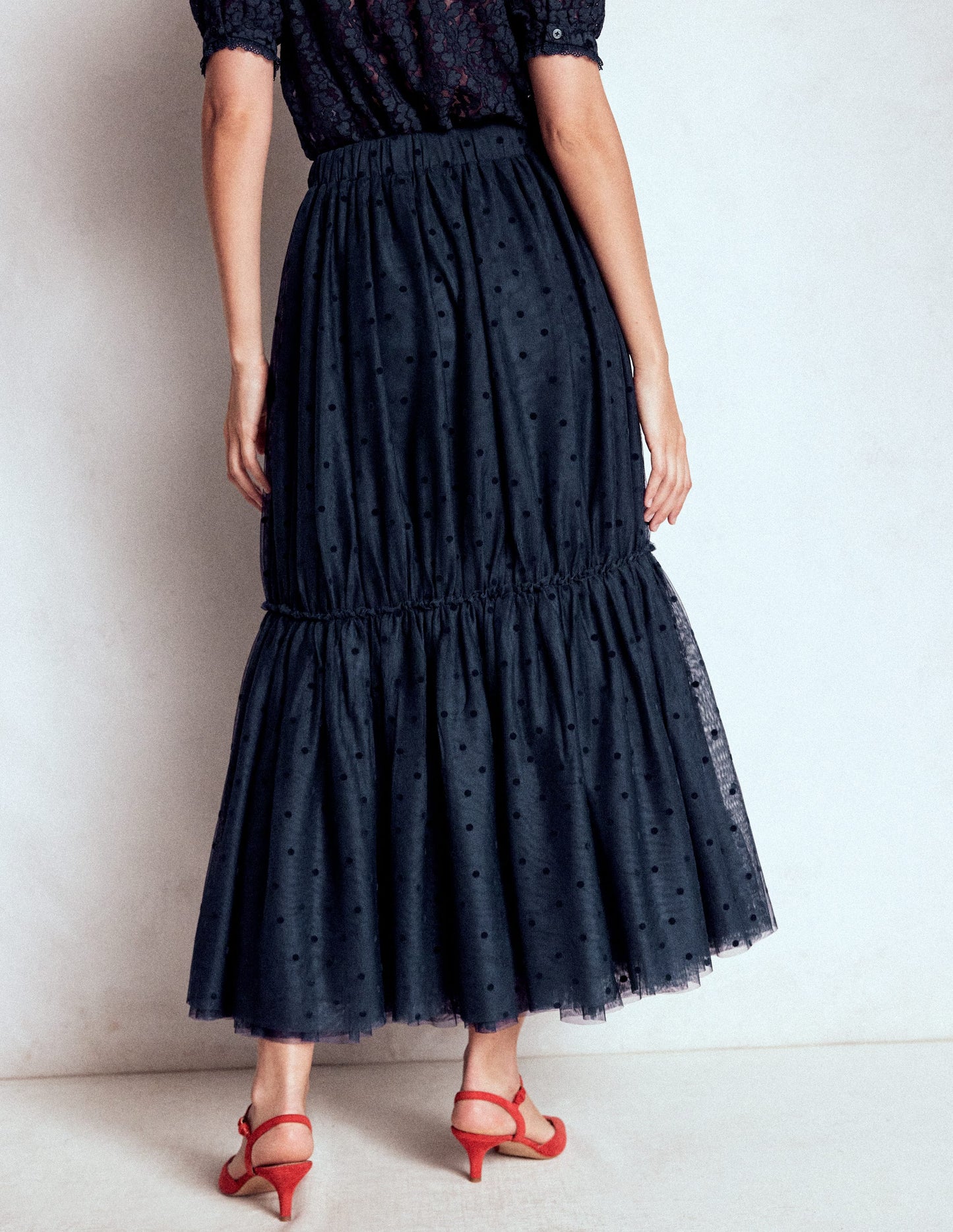 Jupe midi Anna en tulle-Pois floqués bleu marine