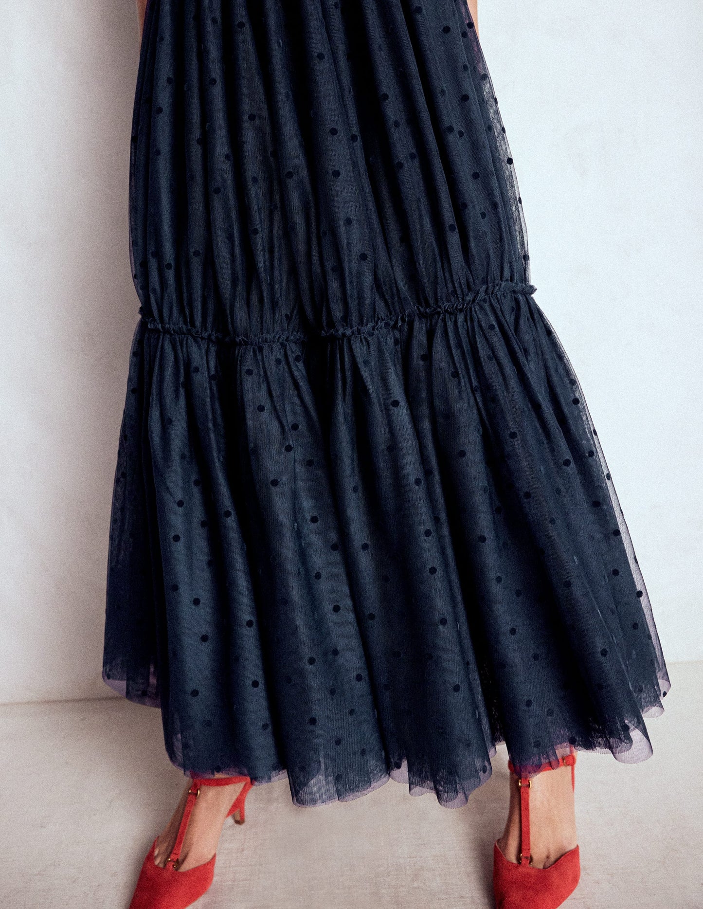 Jupe midi Anna en tulle-Pois floqués bleu marine
