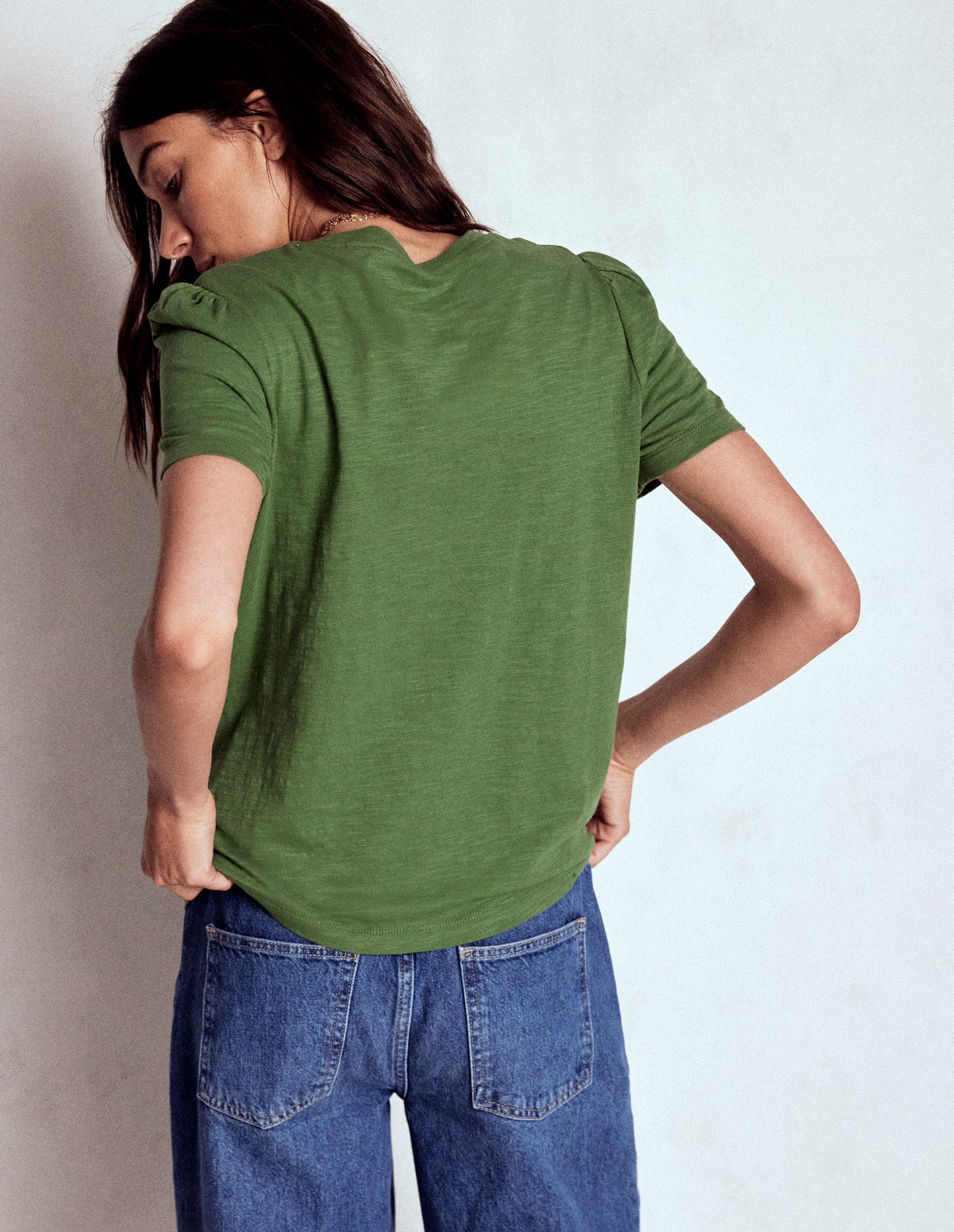 T-Shirt aus Baumwolle mit Puffärmeln-Dunkles Teichgrün