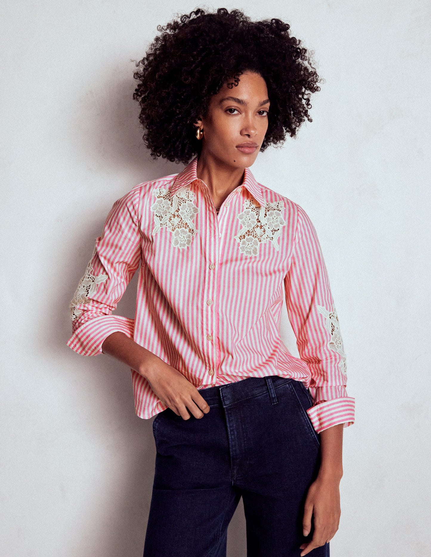 Sienna Baumwollhemd-Rosa und Naturweiß Cutwork-Streifen