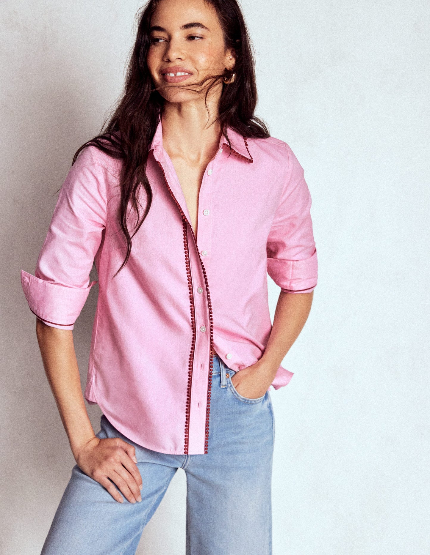 Sienna Baumwollhemd-Rosa, Bommelbesatz