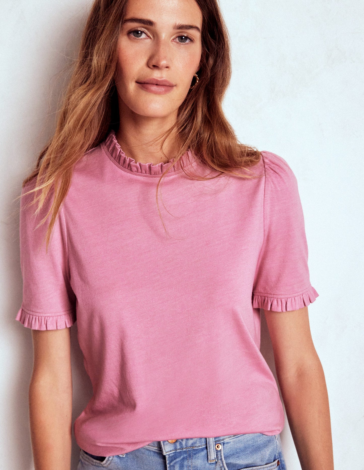 Superweiches T-Shirt mit Rüschendetail-Kirschblütenrosa