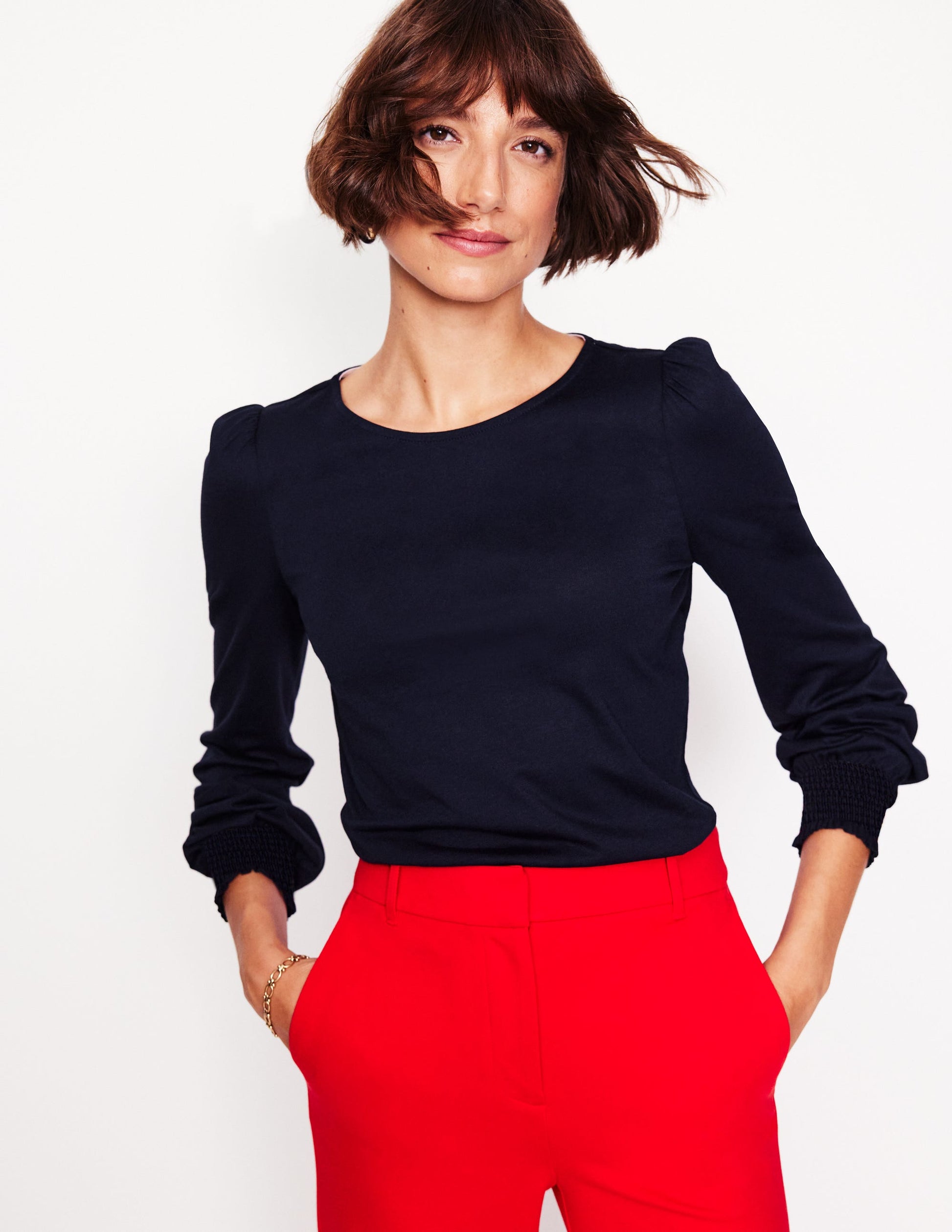Top ultra-doux à poignets smockés-Bleu marine-1