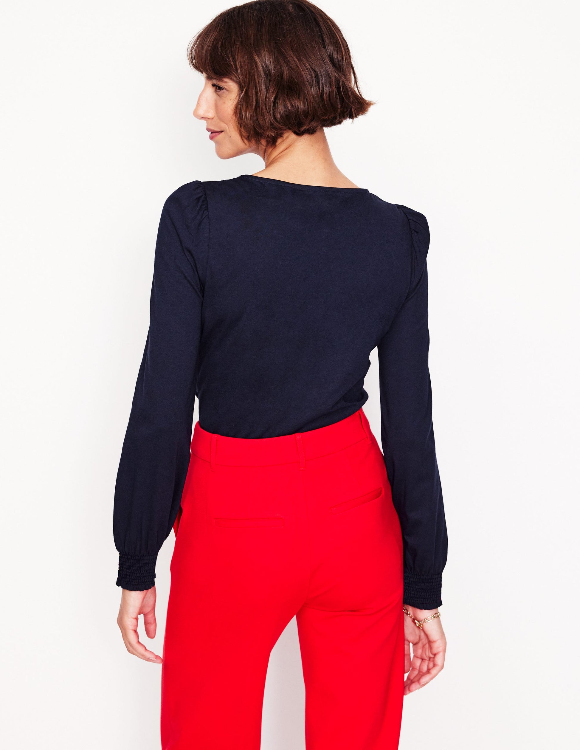 Top ultra-doux à poignets smockés-Bleu marine-3