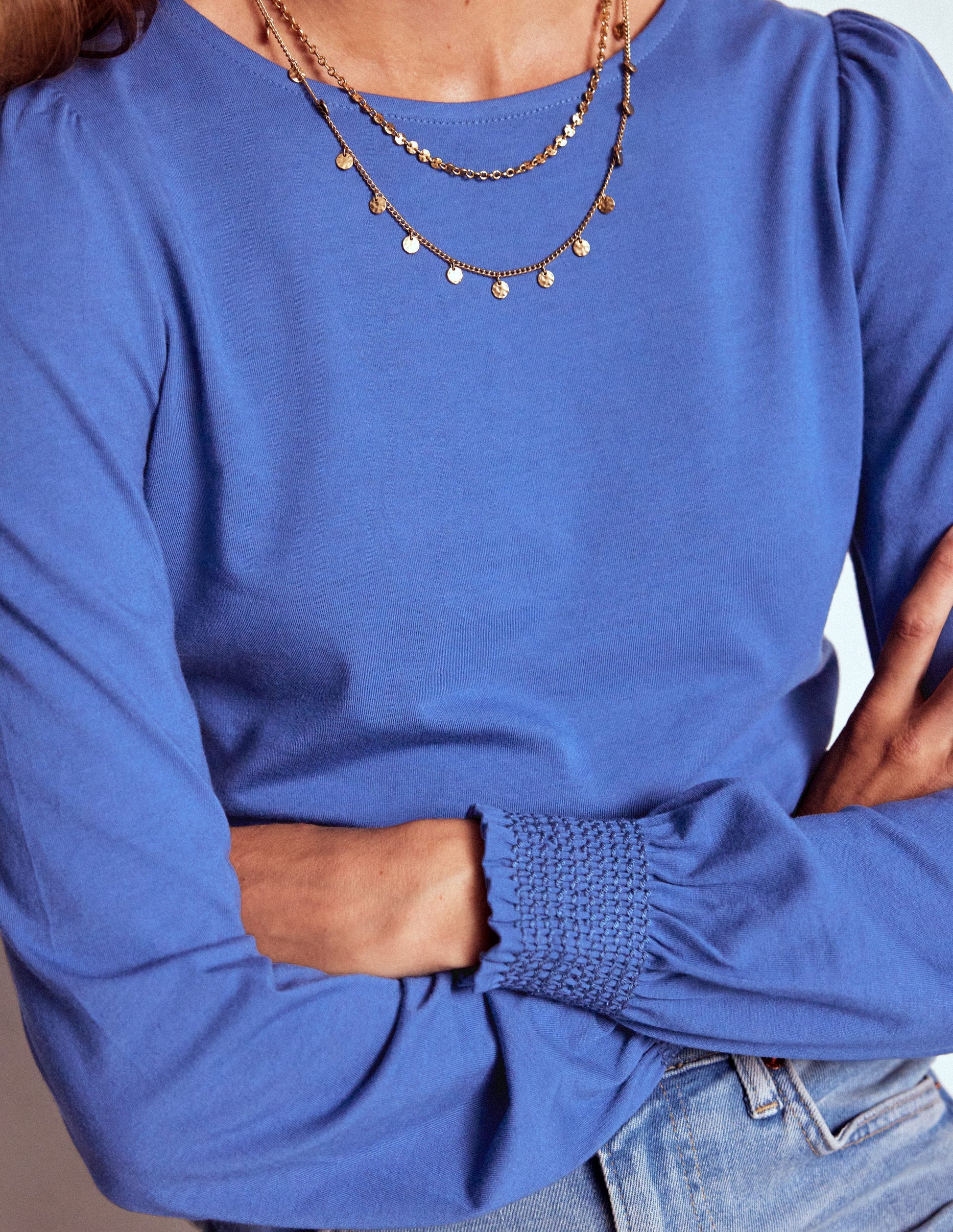 Superweiches Oberteil mit gesmokten Ärmelbündchen-Denim-Blau-2