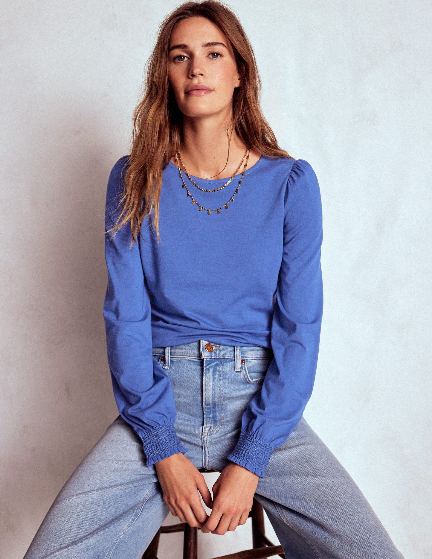 Superweiches Oberteil mit gesmokten Ärmelbündchen-Denim-Blau