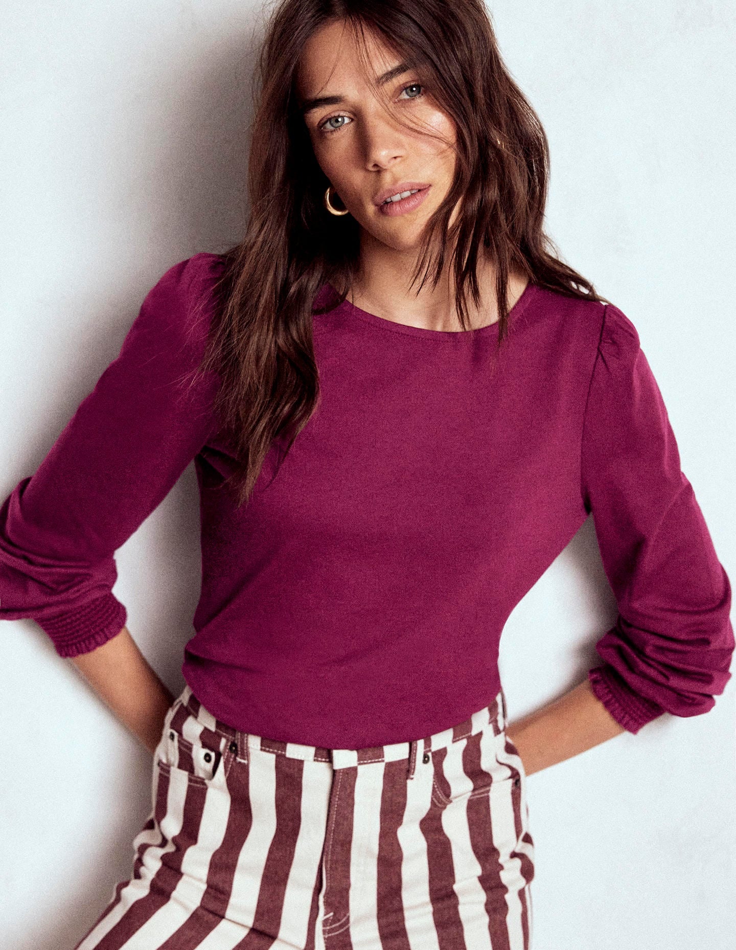 Superweiches Oberteil mit gesmokten Ärmelbündchen-Dunkelviolett-1