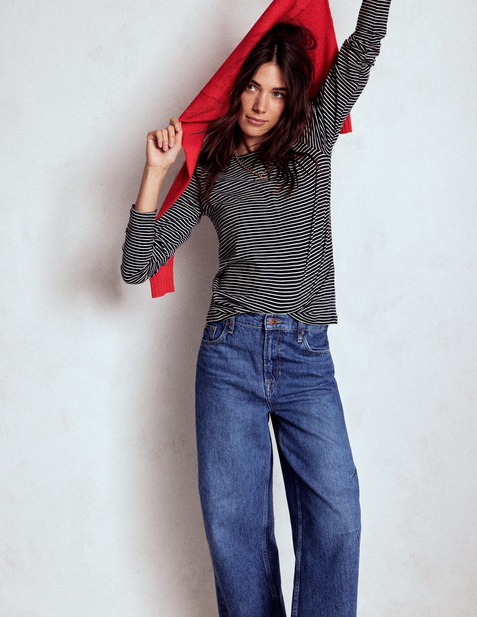 Langärmliges Oberteil aus Baumwolle mit Rundhalsausschnitt-Marineblau, Naturweiß Gestreift-1