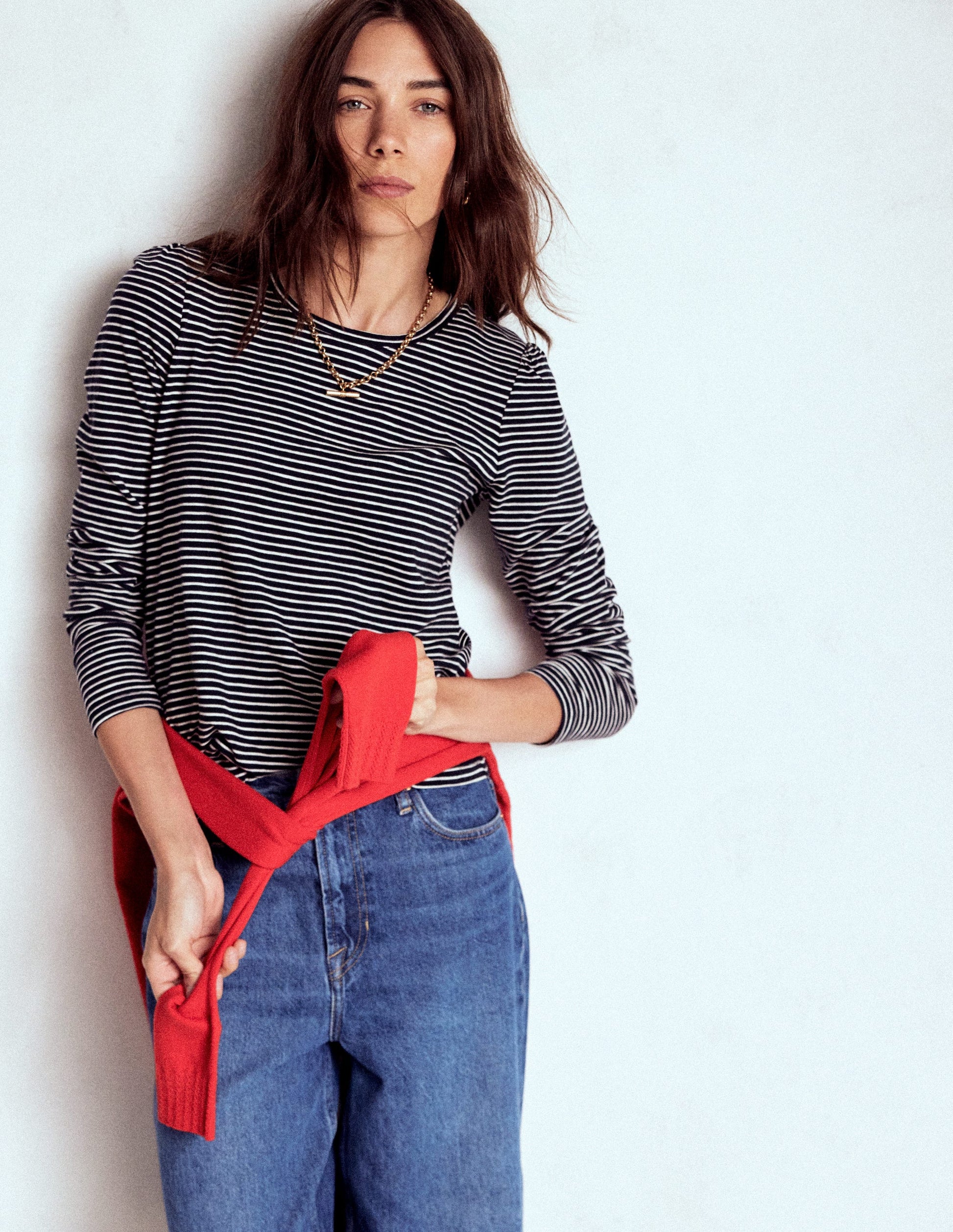 Langärmliges Oberteil aus Baumwolle mit Rundhalsausschnitt-Marineblau, Naturweiß Gestreift-4