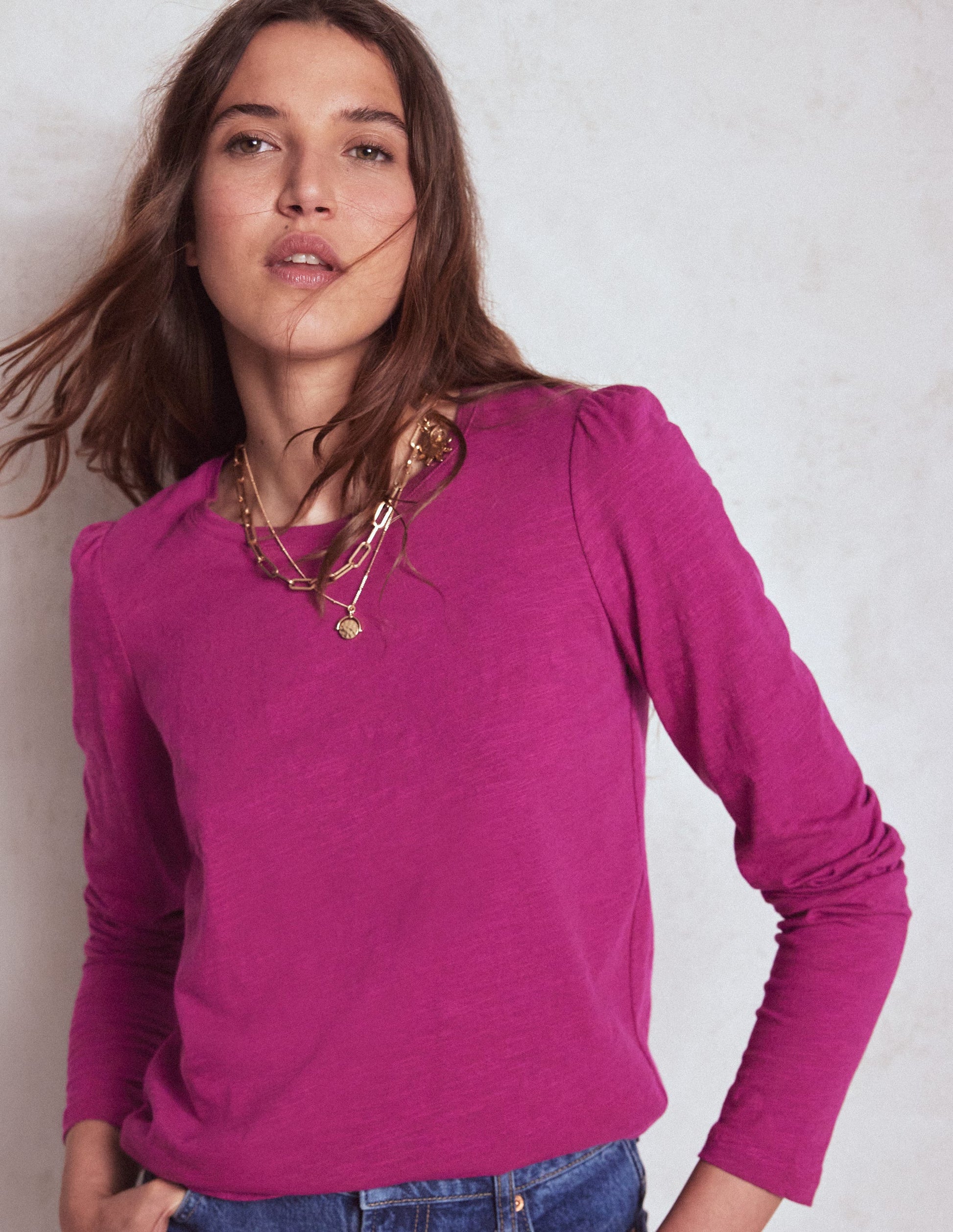 Cotton Crew Long Sleeve Top-Rich Magenta-1
