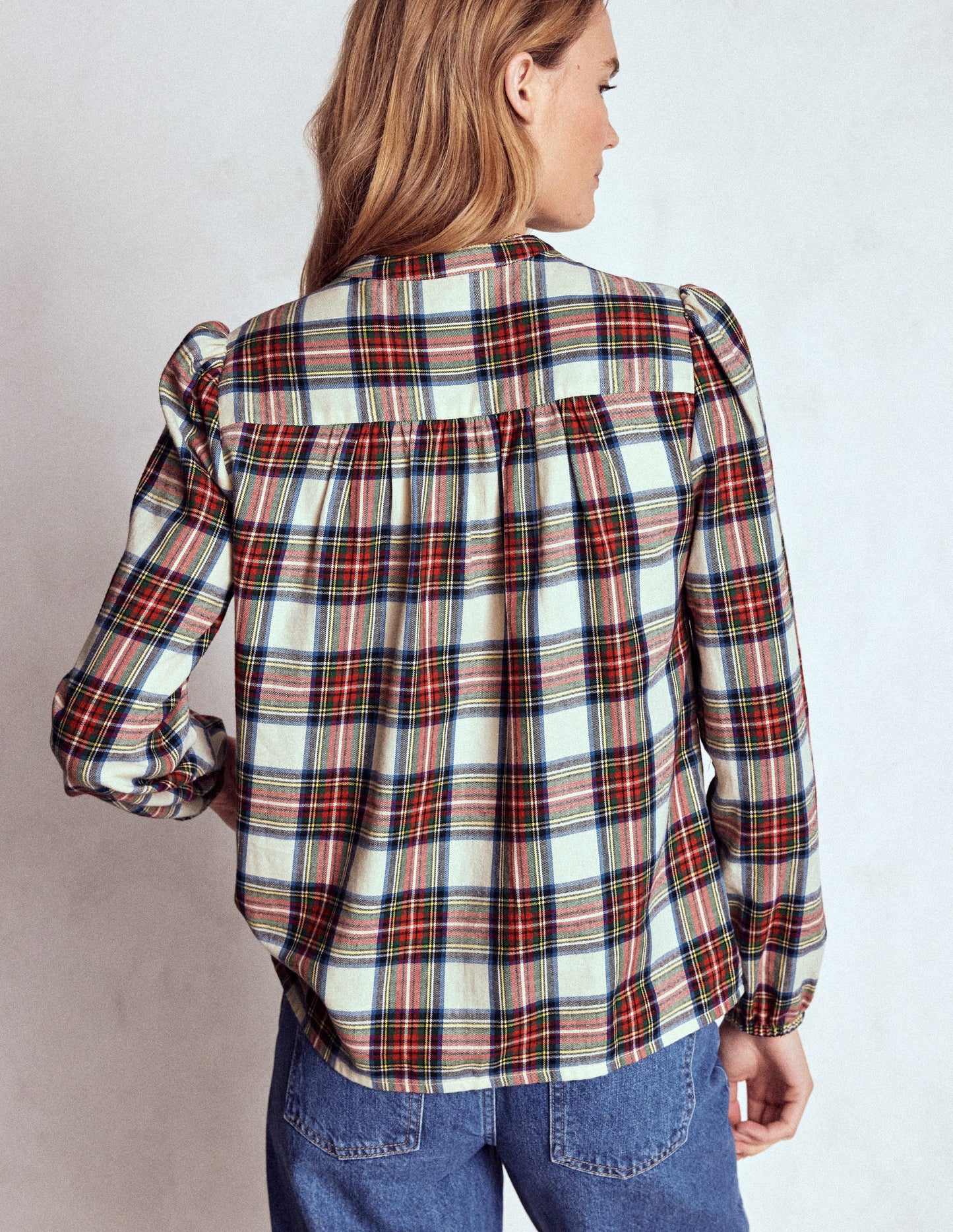 Layla Brushed Cotton Top-Ivory, Blue and Red Check