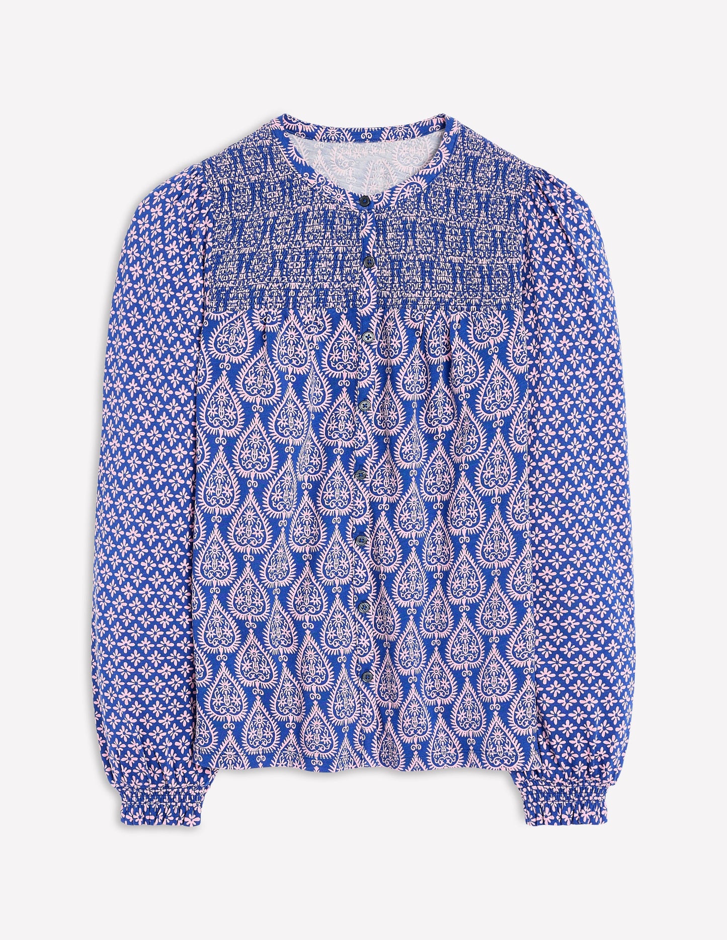 Elsa Jerseyhemd mit gesmokter Passe-Leuchtendes Blau, Geometrische Ornamente