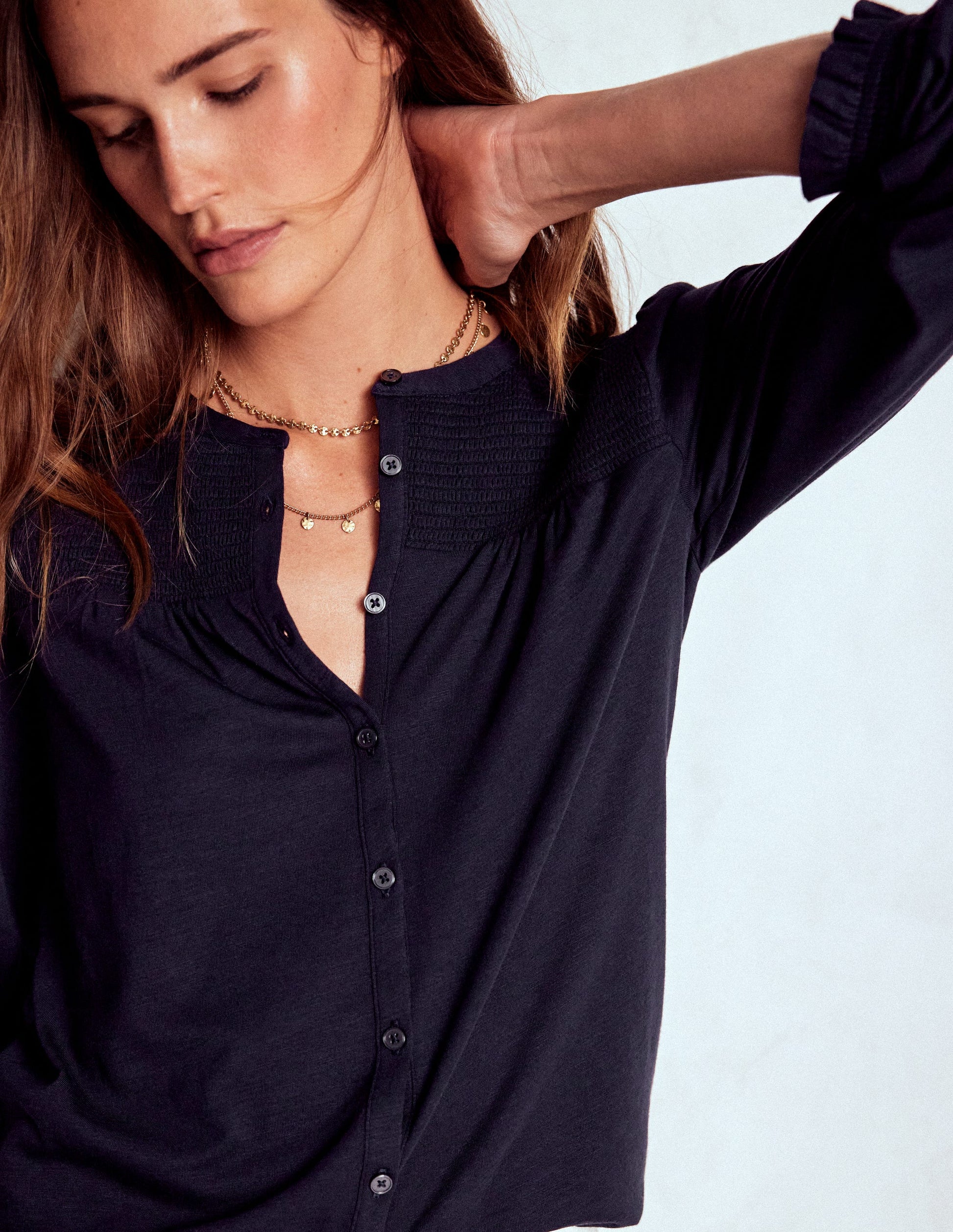 Elsa Jerseyhemd mit gesmokter Passe-Marineblau-2