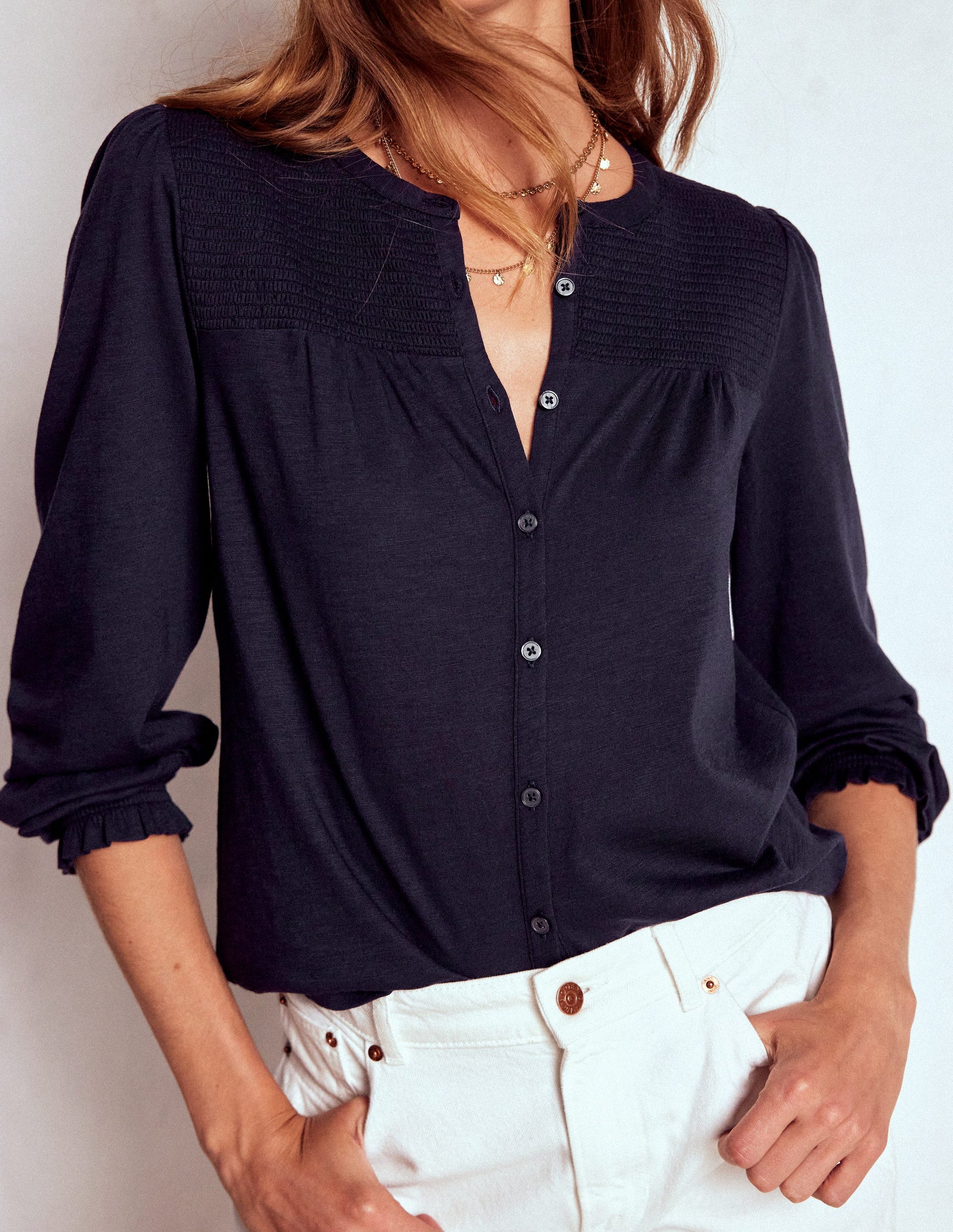 Elsa Jerseyhemd mit gesmokter Passe-Marineblau-4