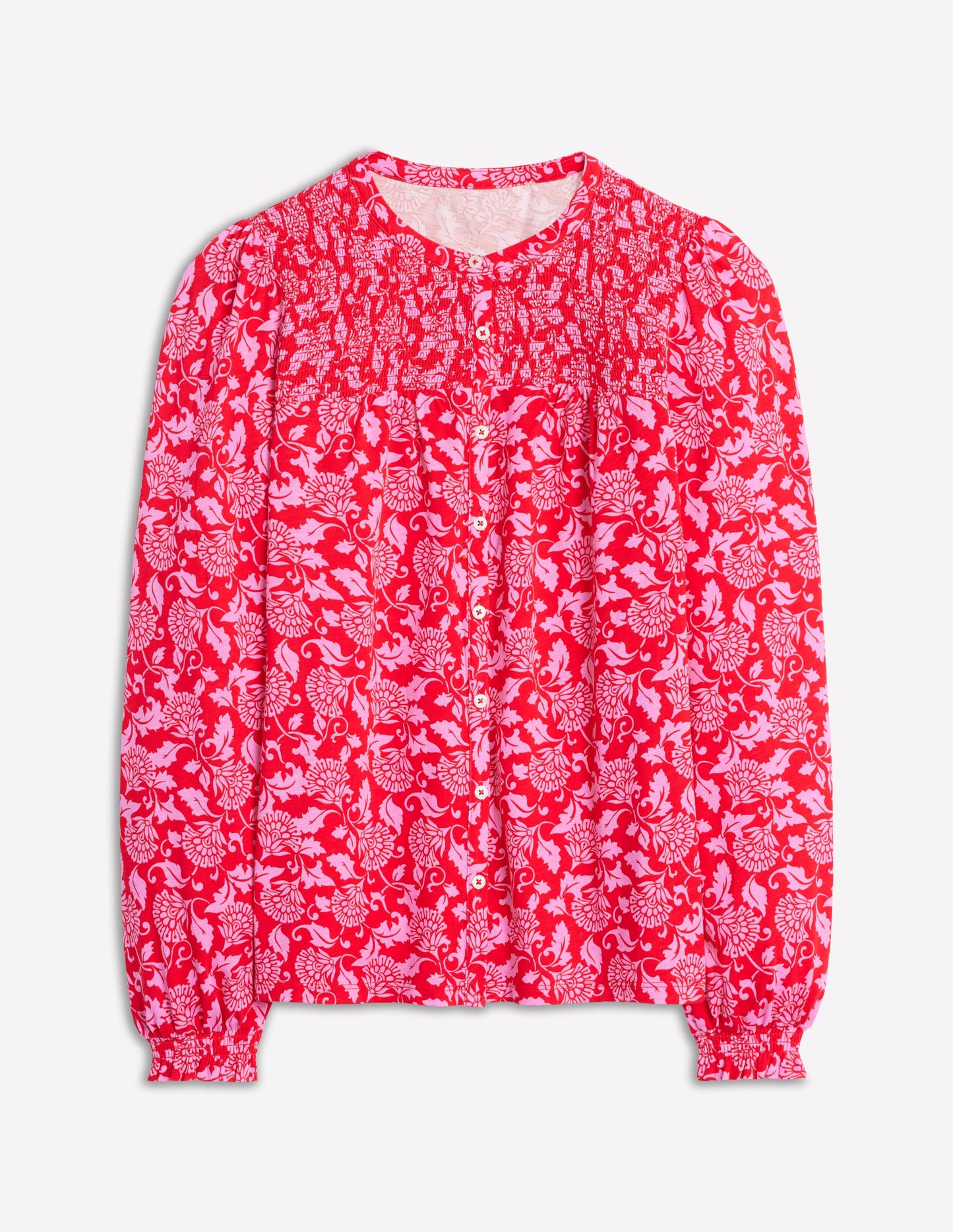 Elsa Jerseyhemd mit gesmokter Passe-Mohnblumenrot, Rebenornament