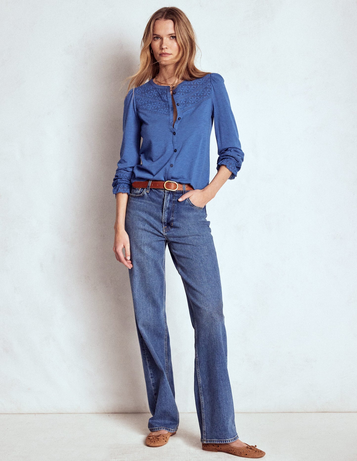 Pippa Jerseyhemd mit Lochstickerei-Denim-Blau