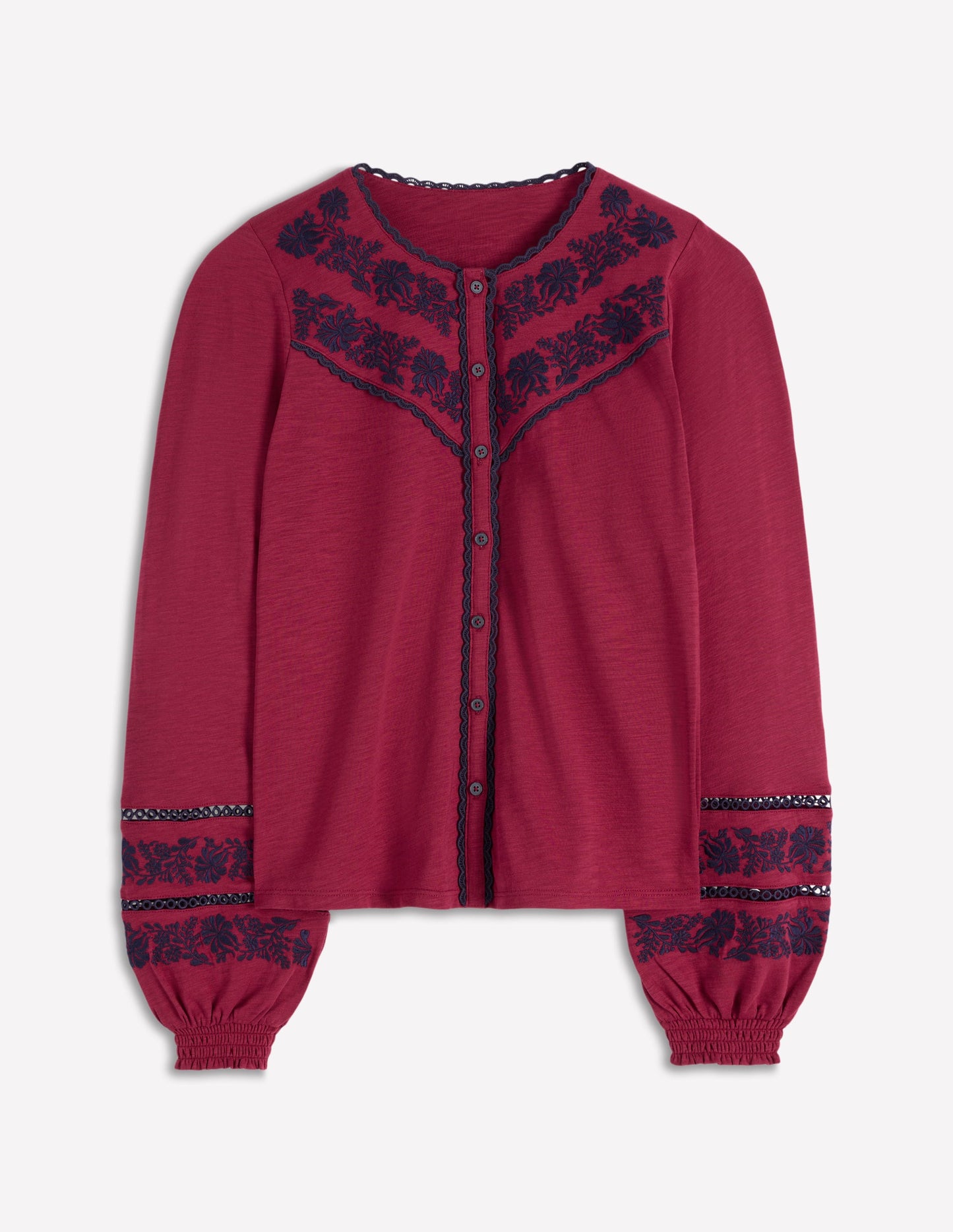 Jerseyhemd mit Besatz-Rumba-Rot, Marineblaue Stickerei