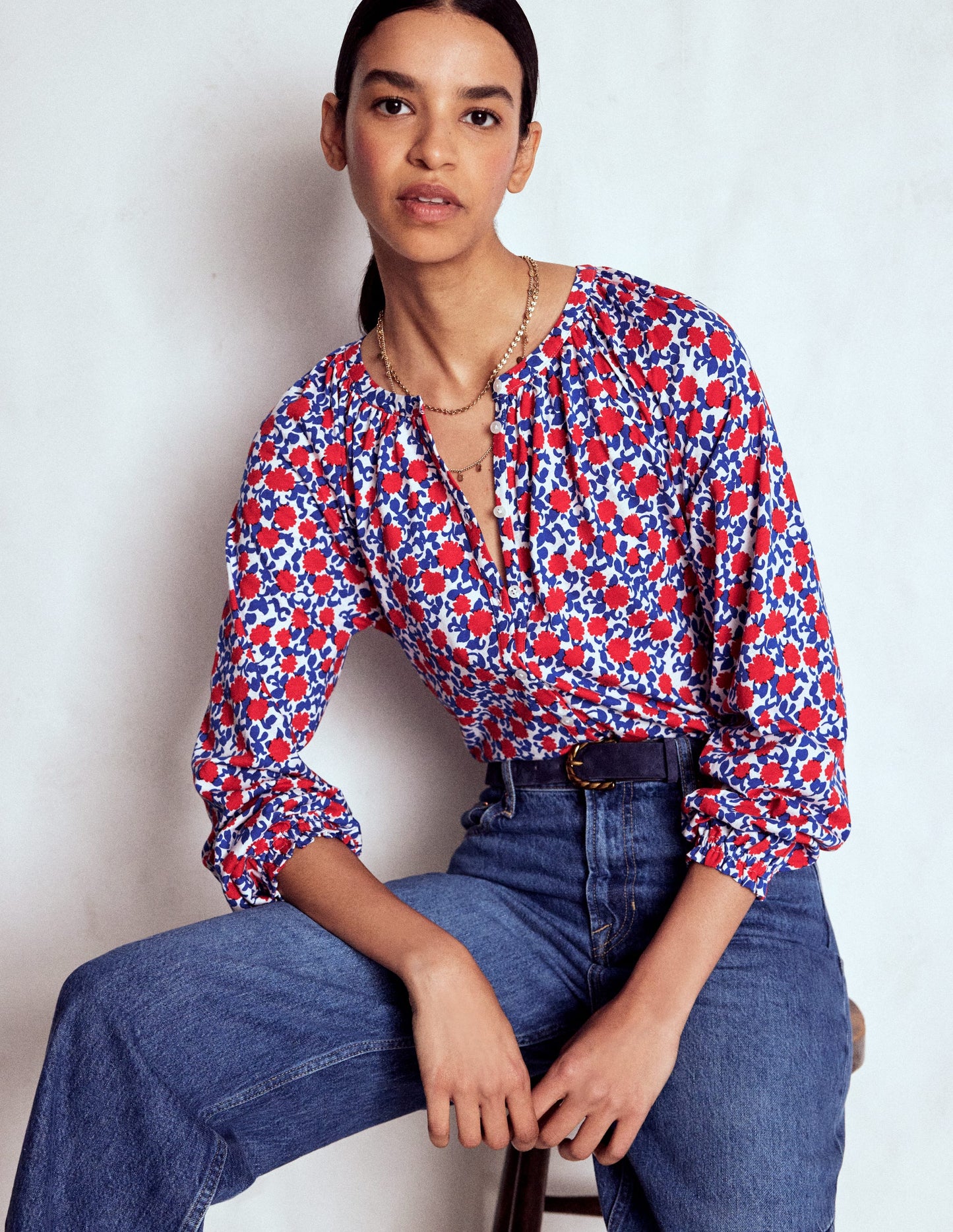 Chemise Isla manches longues en jersey-Rouge coquelicot, motif Floweret Vine
