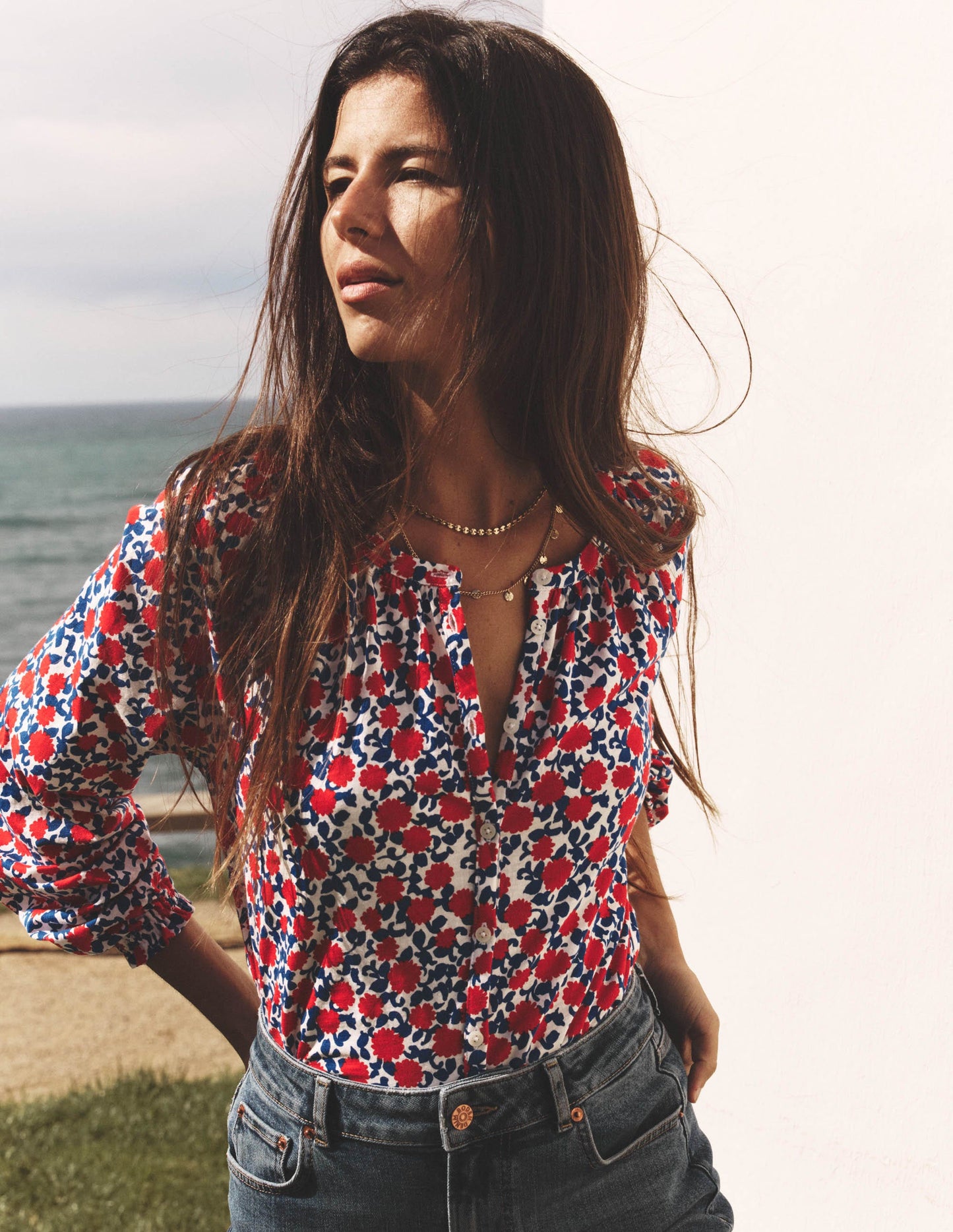 Chemise Isla manches longues en jersey-Rouge coquelicot, motif Floweret Vine