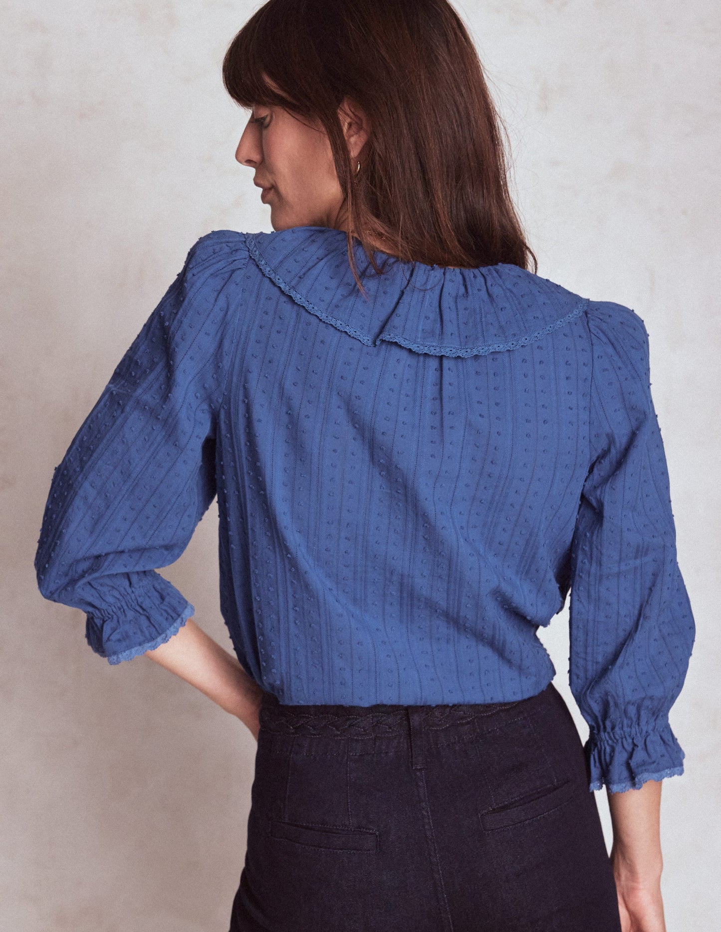 Rüschenbluse mit V-Ausschnitt-Denim-Blau