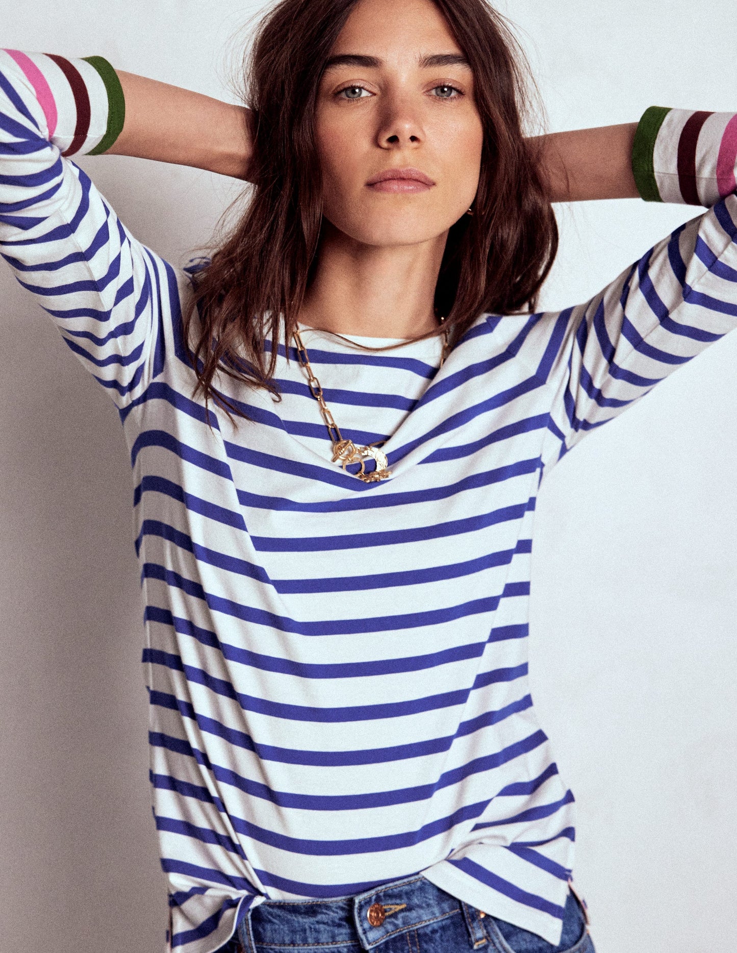 Olivia Langärmliges Bretonshirt-Eisvogelblau, Bunte Manschetten