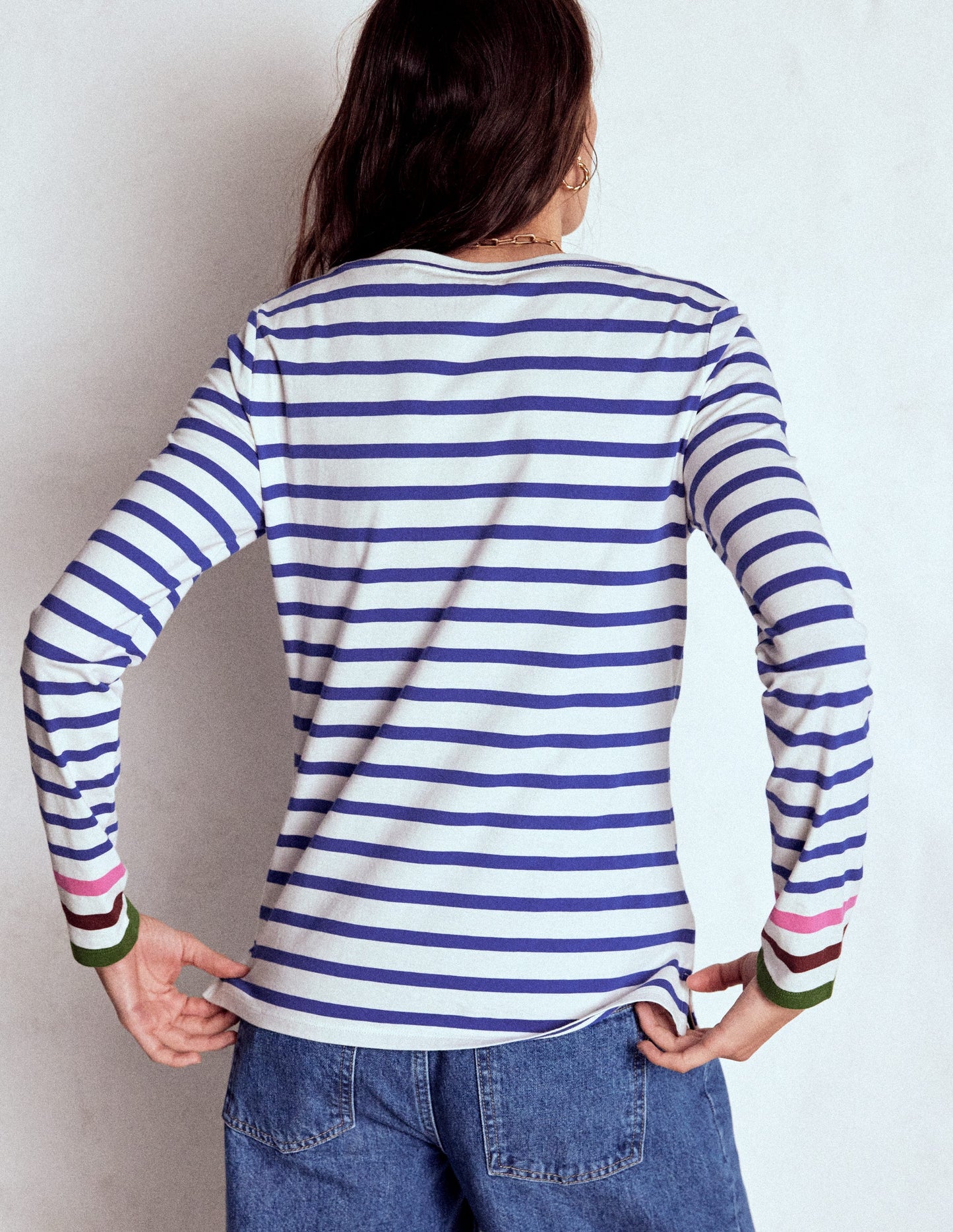Olivia Langärmliges Bretonshirt-Eisvogelblau, Bunte Manschetten