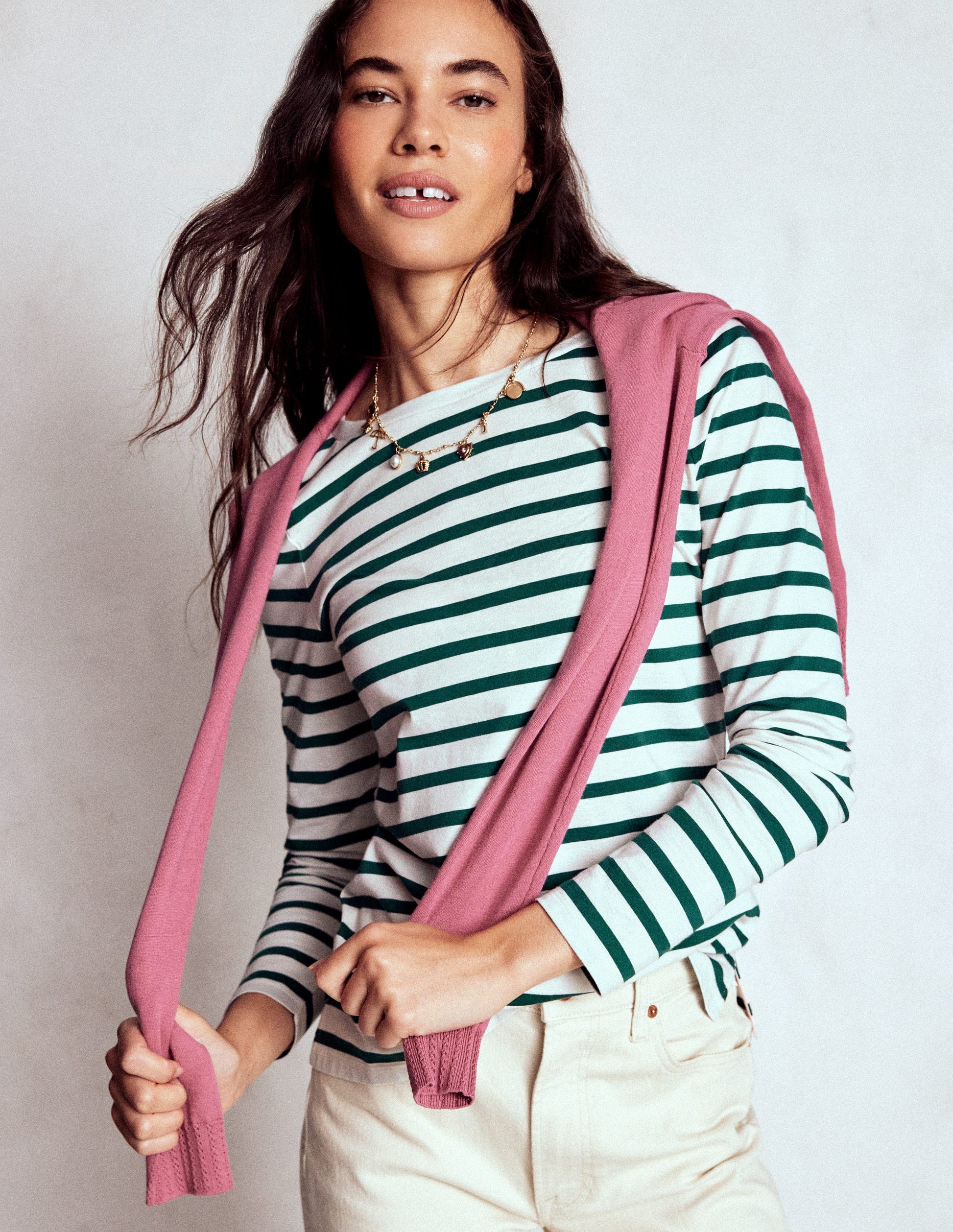 Olivia Langärmliges Bretonshirt-Dunkles Smaragdgrün Streifen-5