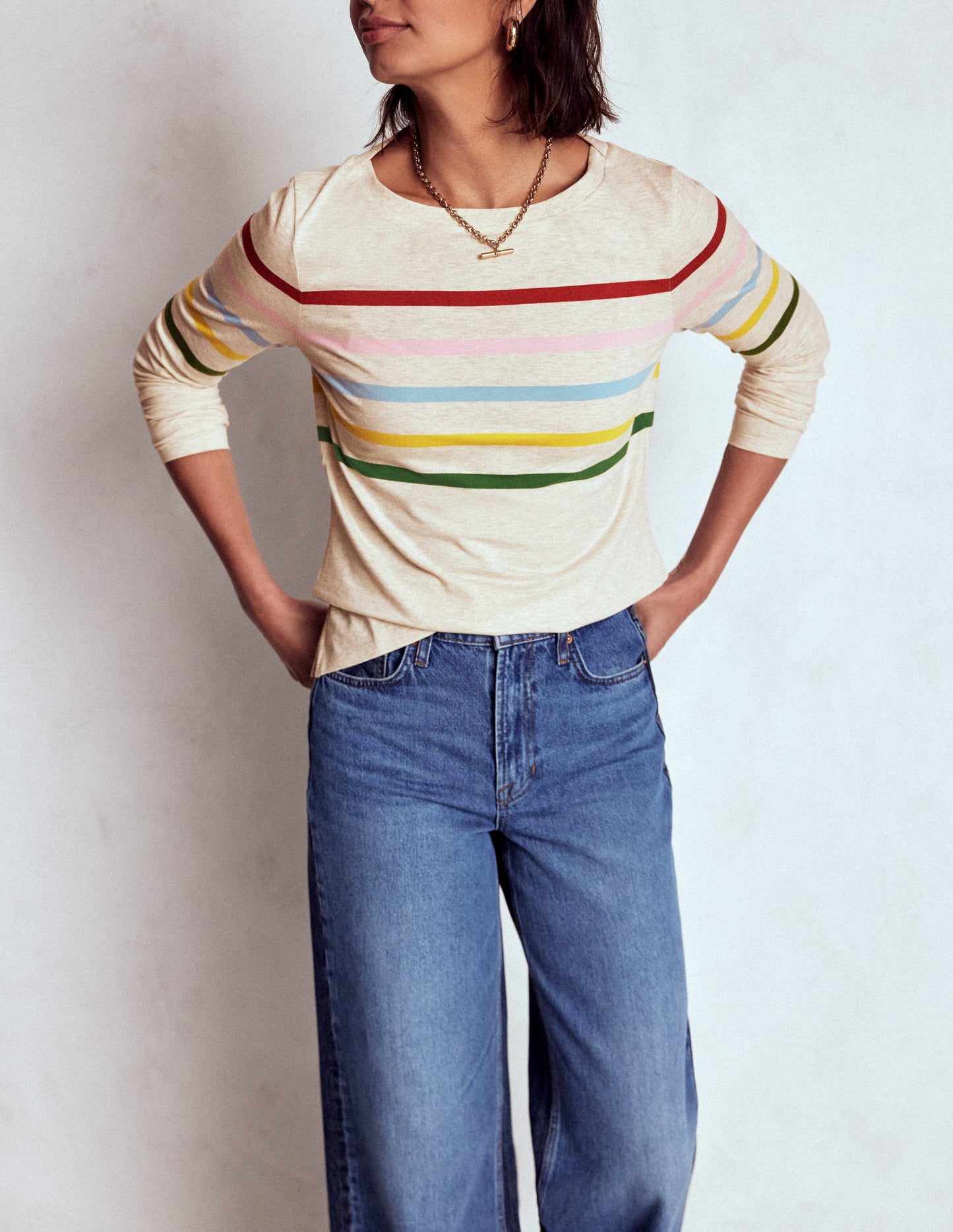 Olivia Langärmliges Bretonshirt-Haferbeige meliert Bretonstreifen