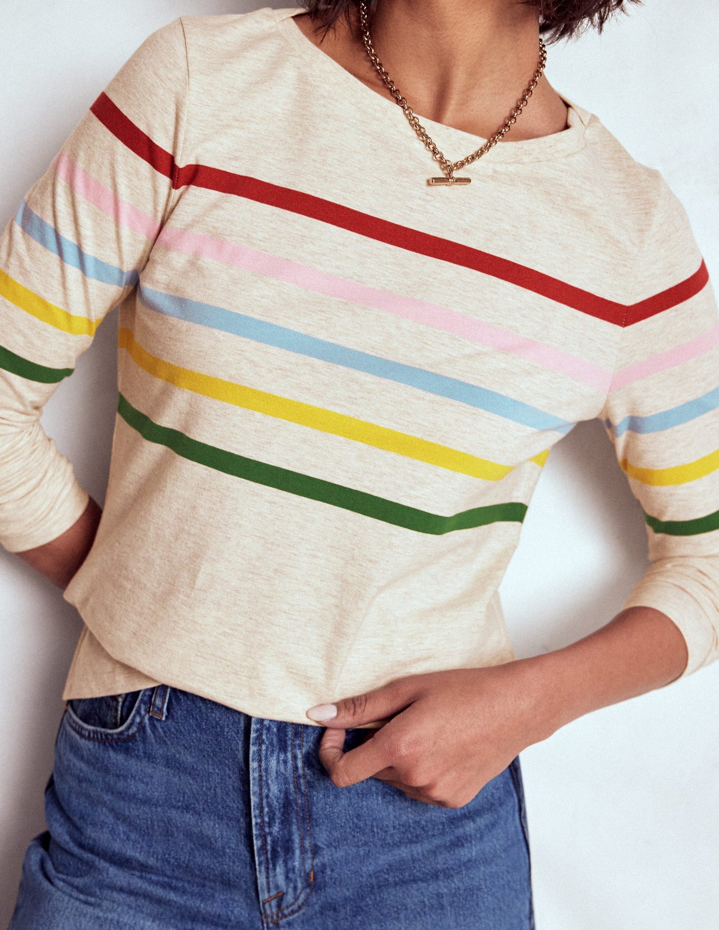 Olivia Langärmliges Bretonshirt-Haferbeige meliert Bretonstreifen